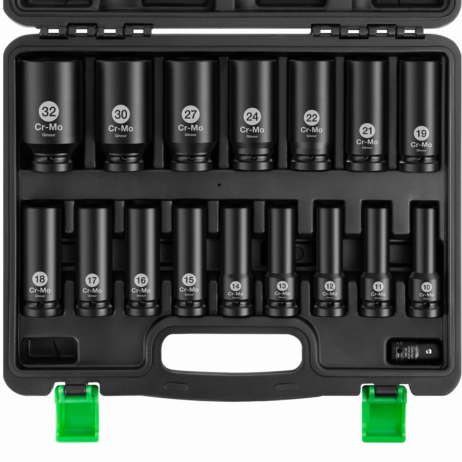 Ginour 17-częściowy zestaw nasadek udarowych 1/2 cala 10-32 mm CR-Mo | Sześciokątna nakrętka z adapterem 3/8" na 1/2" do pneumatycznych wkrętarek udarowych, elektrycznych wkrętarek udarowych