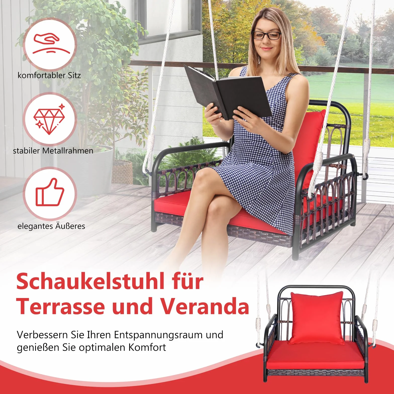COSTWAY Fotel wiszący, huśtawka tarasowa, obciążenie do 180 kg, fotel wiszący z poduszką na siedzisko i oparcie, metalową ramą i linami wiszącymi, na werandę i podwórko