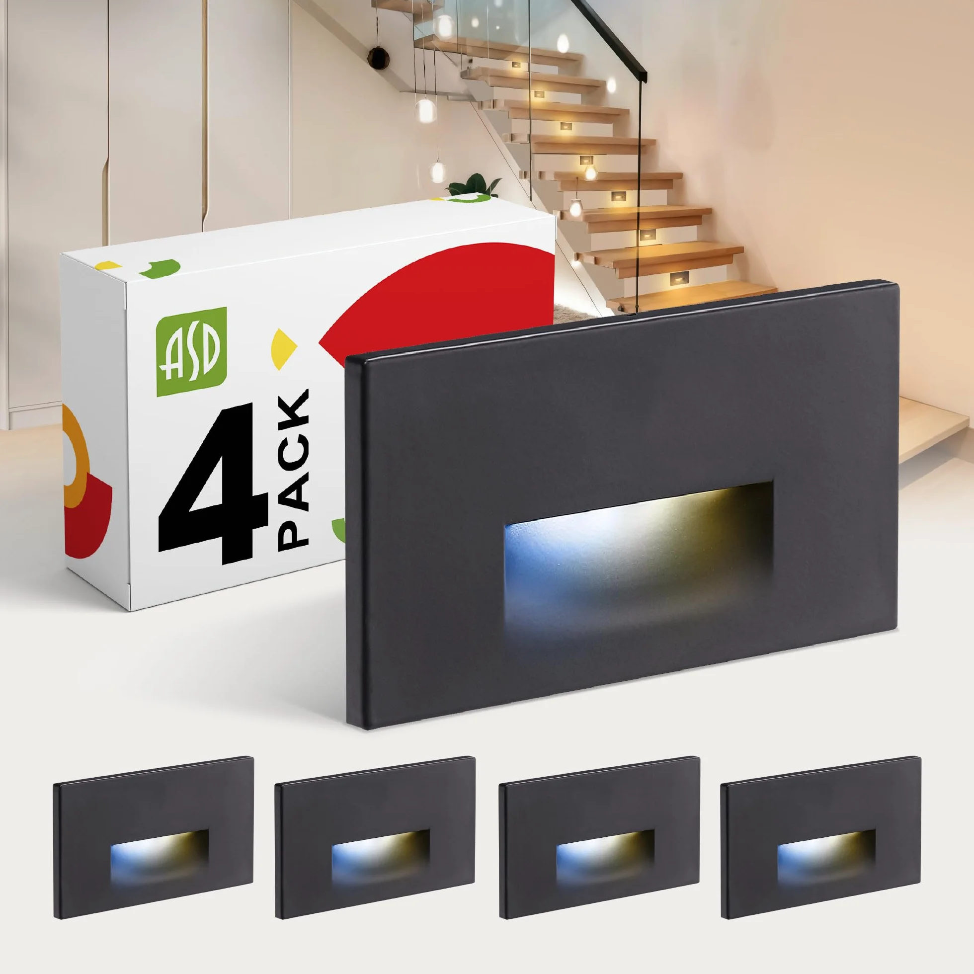 ASD LED Recessed Step Light Fixture | 3W 120LM 3000K-5000K 120V | 3CCT, Dimmable, Waterproof, ETL Listed | Outdoor-Indoor Stair Lamp, Tread Lighting, Staircase Spotlight | Black, 4 Pack