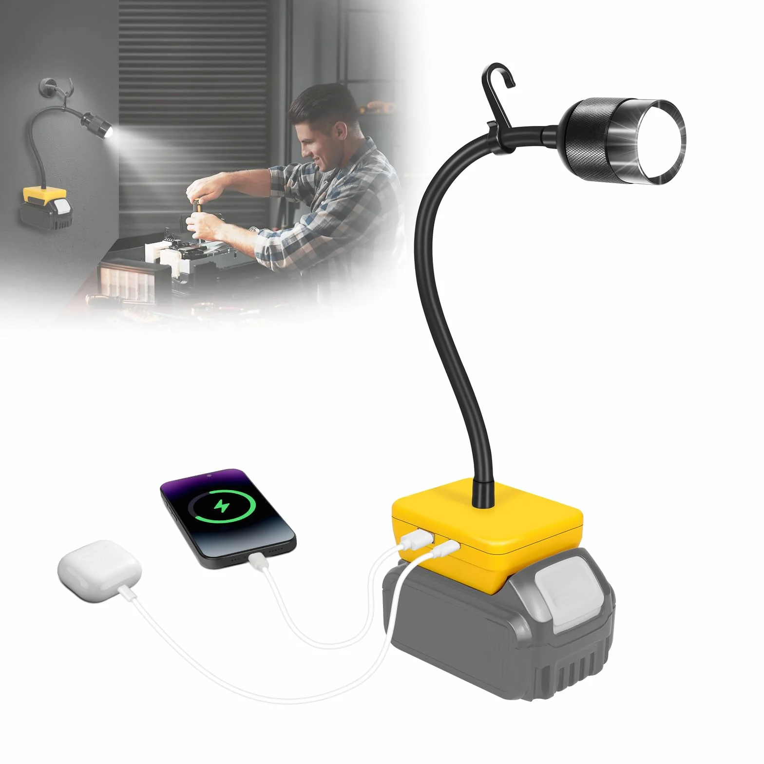 Lampa robocza LED kompatybilna z akumulatorem Dewalt 20 V – 30 W, 3000 lm, lampa warsztatowa LED z ochroną przed niskim napięciem – przenośne oświetlenie narzędziowe z przyłączem USB / do