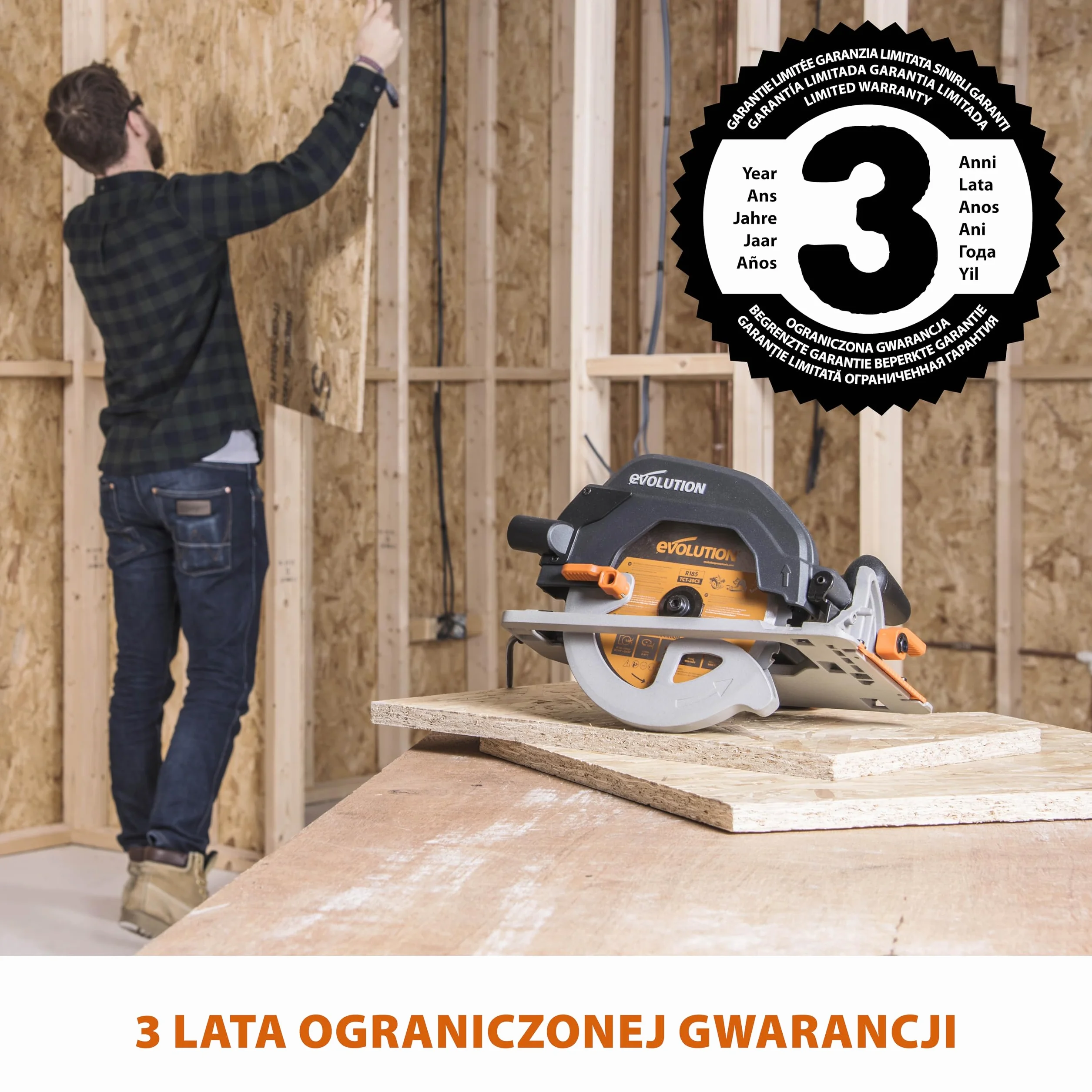 Evolution Power Tools R185CCS Pilarka tarczowa z szyną i tarczą TCT 185 mm do cięcia wielu materiałów: tnie drewno, metal stal aluminium plastik, opcja odchylenia, w zestawie prowadnica