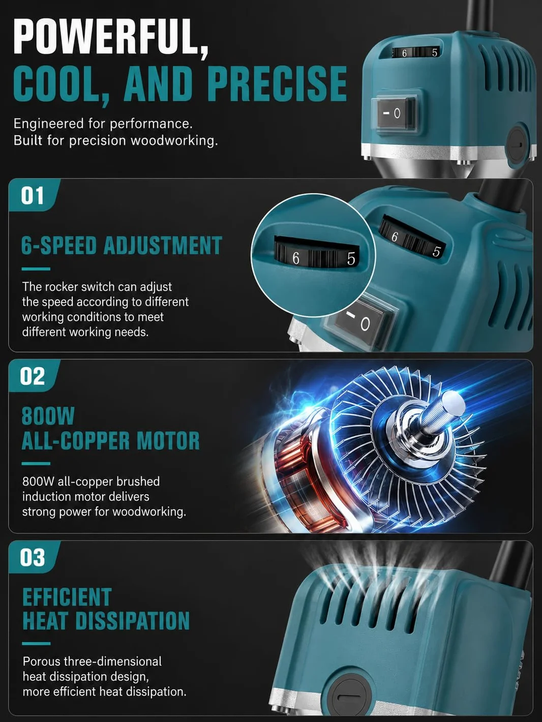 VOBOR Frezarka pionowa frezarka, 800 W 30000 obr./min elektryczna frezarka do drewna z 15 sztuk 1/4" frez frez i wrzeciona 6/6,35 mm, frez do drewna profesjonalny frez do drewna narzędzia