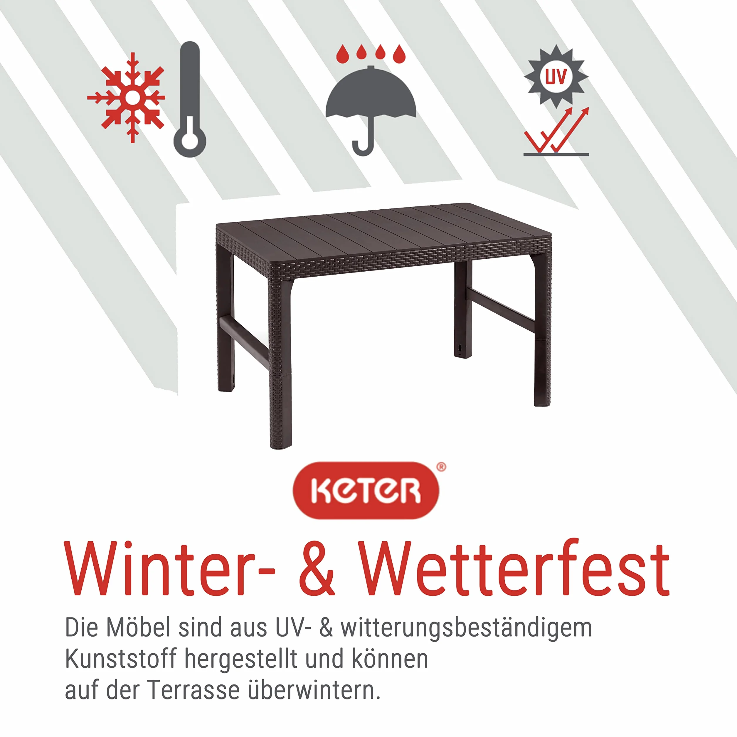 Keter - stylowy stół ogrodowy 2 w 1, odporny na warunki atmosferyczne, w kolorze brązowym, 116 x 71 cm, z regulacją wysokości, wytrzymały stół balkonowy, trwały i łatwy w pielęgnacji