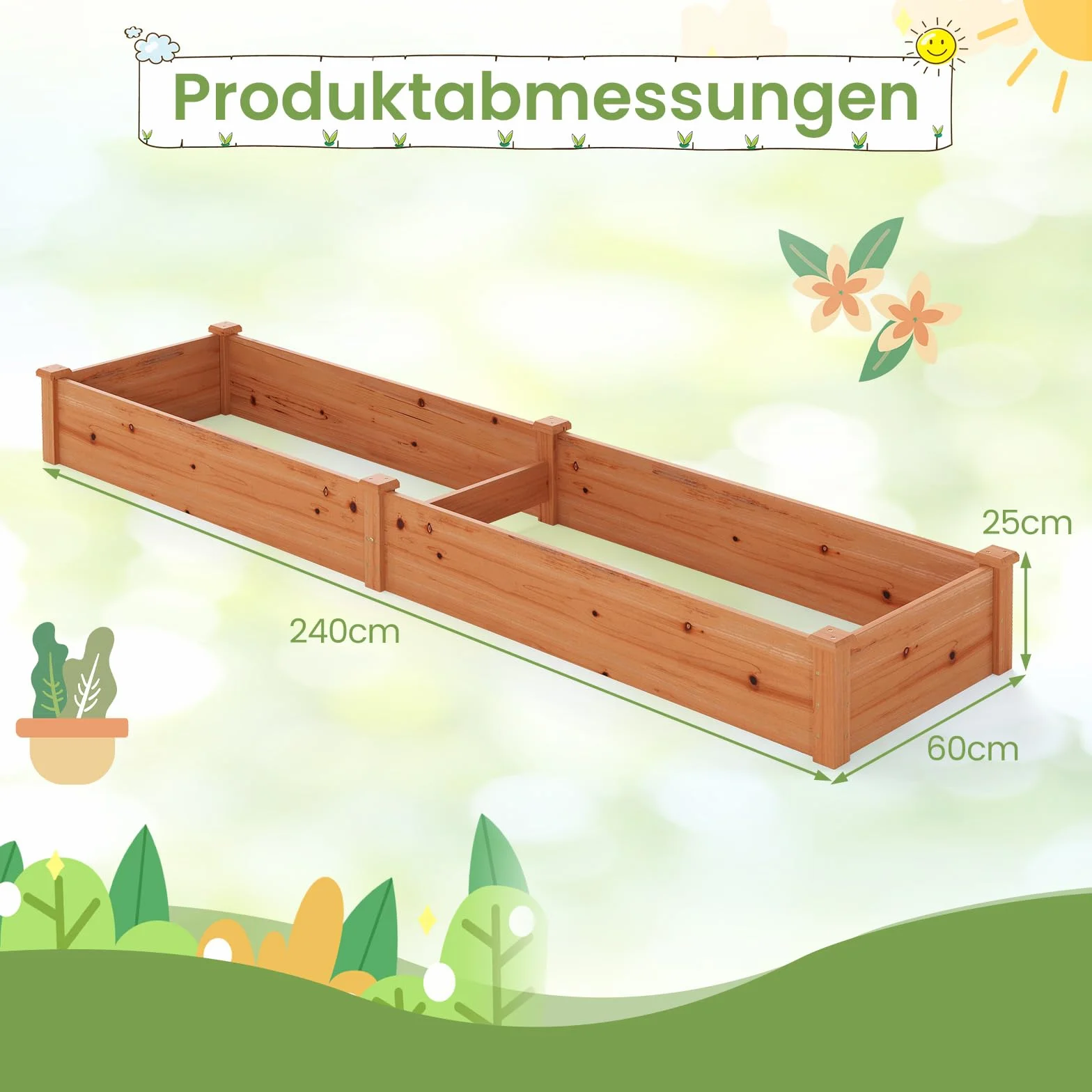 COSTWAY Podwyższona grządka ogrodowa, drewniana, 240 x 60 x 25 cm, skrzynka na rośliny na warzywa, kwiaty, zioła, owoce, rabatka na kwiaty, grządka ziołowa, na podwórko, do ogrodu, na trawnik