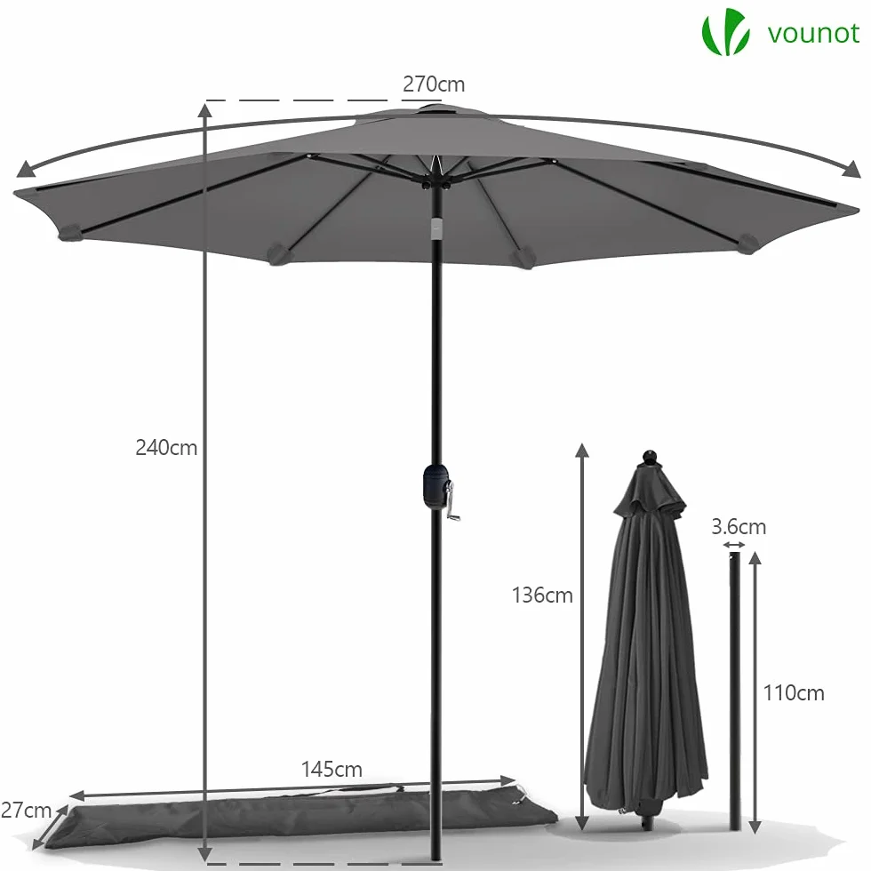 VOUNOT Parasol ogrodowy z osłoną, korbą i uchylnym parasolem, osłona przeciwsłoneczna na zewnątrz, na taras, do ogrodu, szary