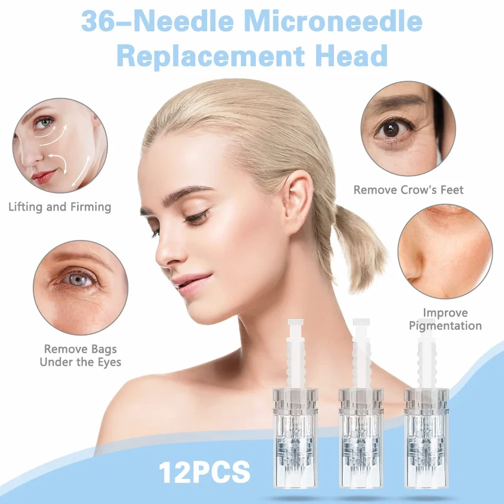 LOPHE Microneedling, 12 sztuk mikro igieł Derma Pen Micro Needling, Microneedle Nano Igły z regulowanymi bagnetami, igły wkładów z mikro igłami do Derma Pen(#36pin)
