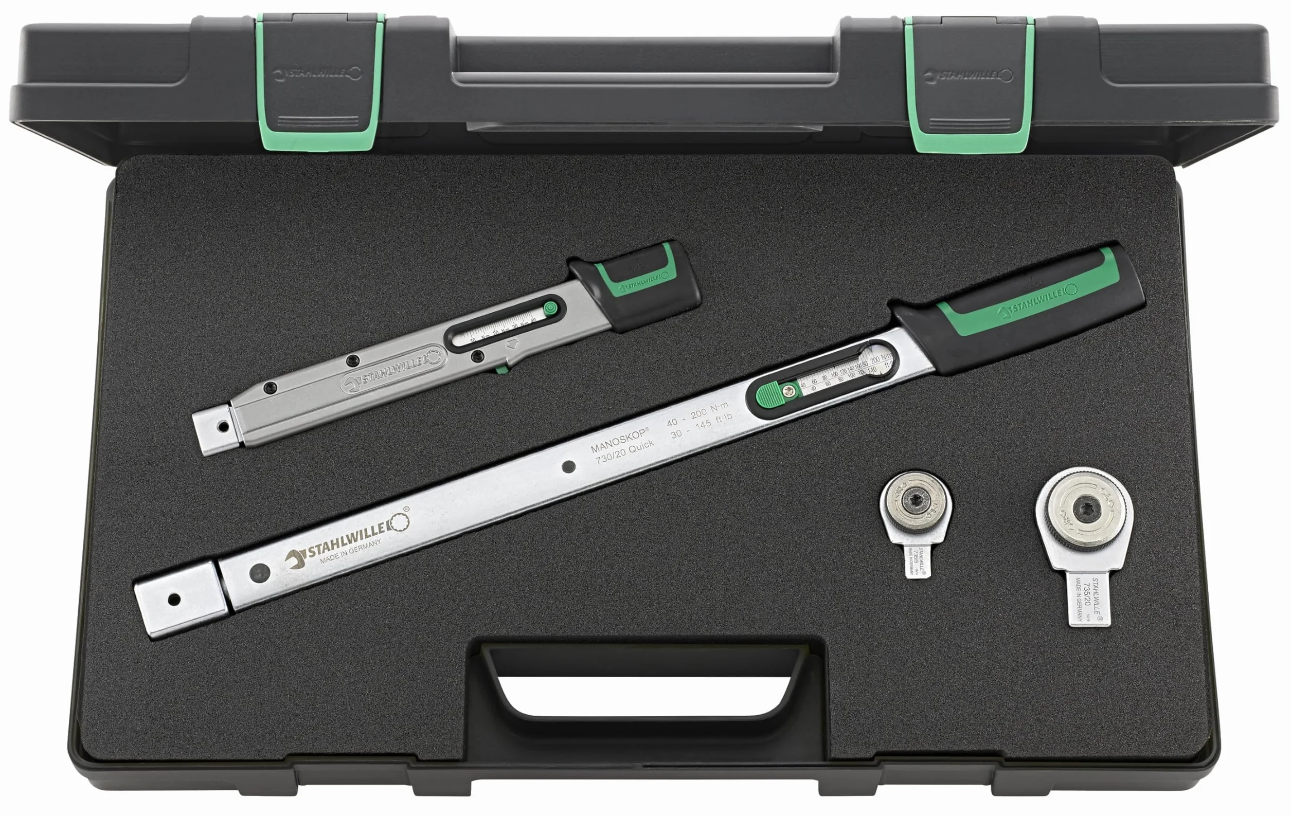 STAHLWILLE Zestaw kluczy dynamometrycznych 4-częściowy 8-200 N·m | z grzechotką 3/8" + 1/2" | w pudełku z tworzywa sztucznego | Made in Germany