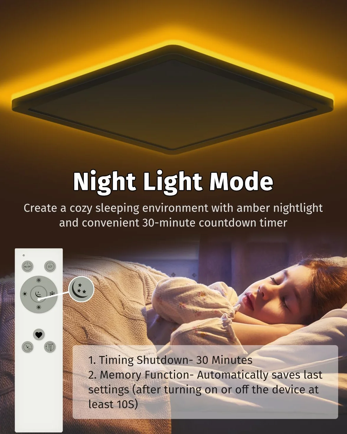 Bowfar Lampa sufitowa LED, 24W 2800 lm, z pilotem, ściemnialna, 3000K-6500K, 1800K lampka nocna bursztynowa, Lampa sufitowa do salonu, pokoju dziecięcego, korytarza, sypialni Ø29,5 x 2,5 cm, czarny