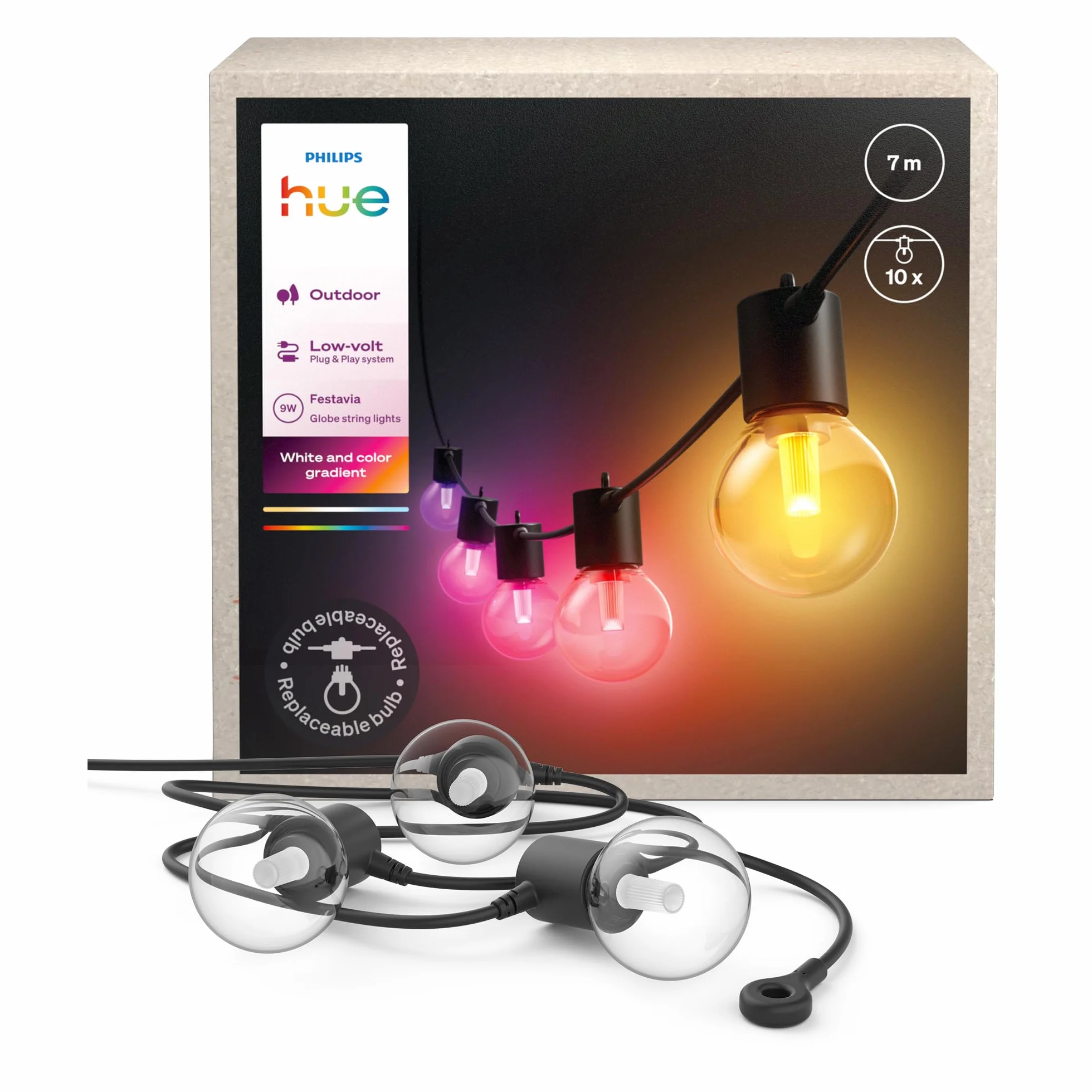 Philips Hue Festavia Globe Oświetlenie Zewnętrzne 7M 10 Żarówek Ściemniane Kompatybilne z Alexa Google Assistant Apple Home