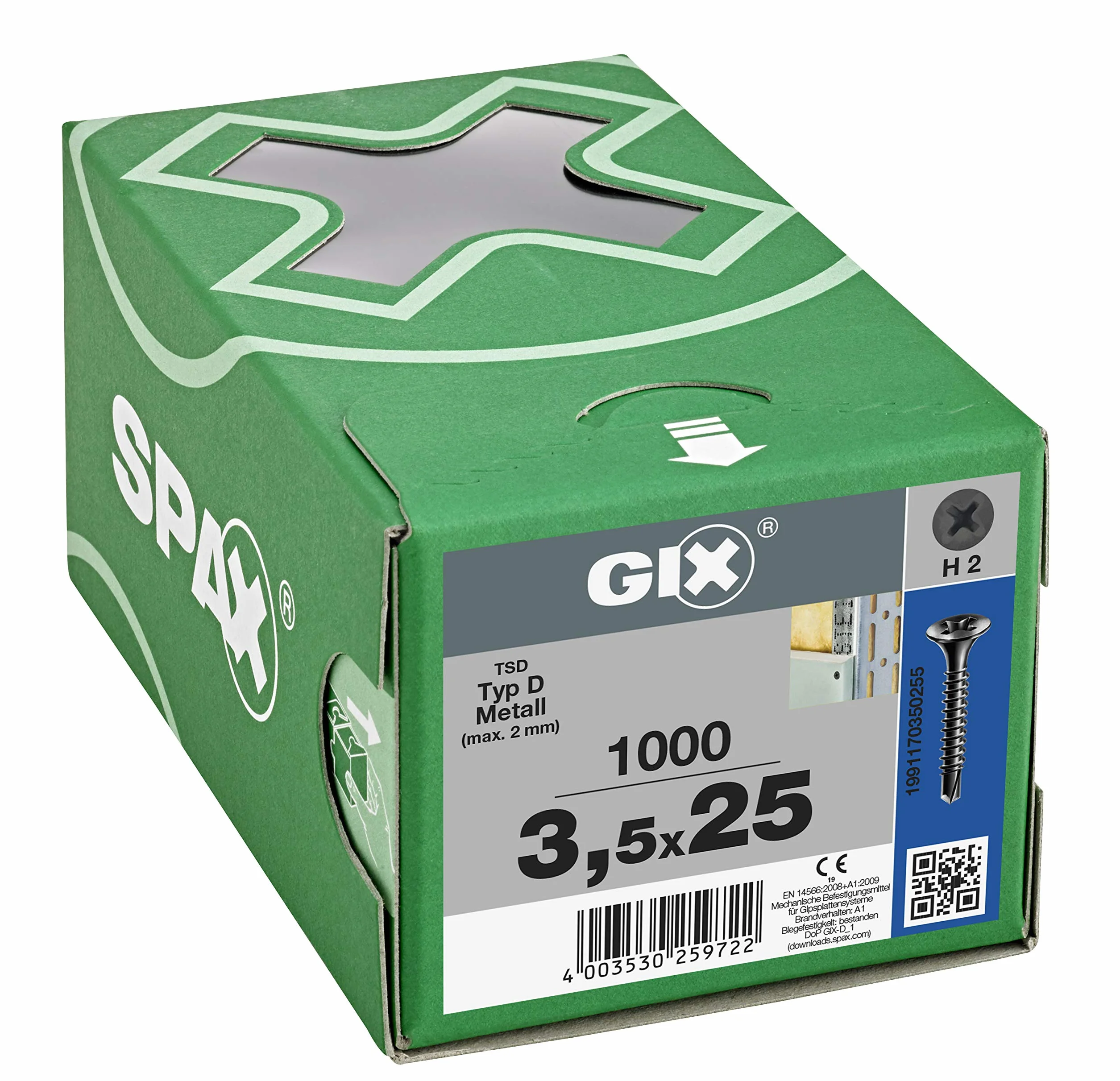 SPAX GIX-D wkręty do szybkiego montażu 3,5 x 25 mm, pełny gwint, 1000 sztuk, końcówka wiertnicza, rowek krzyżowy H2, łeb trąbkowy, śruby do suchego montażu do wzmocnionych profili metalowych – 1991170350255