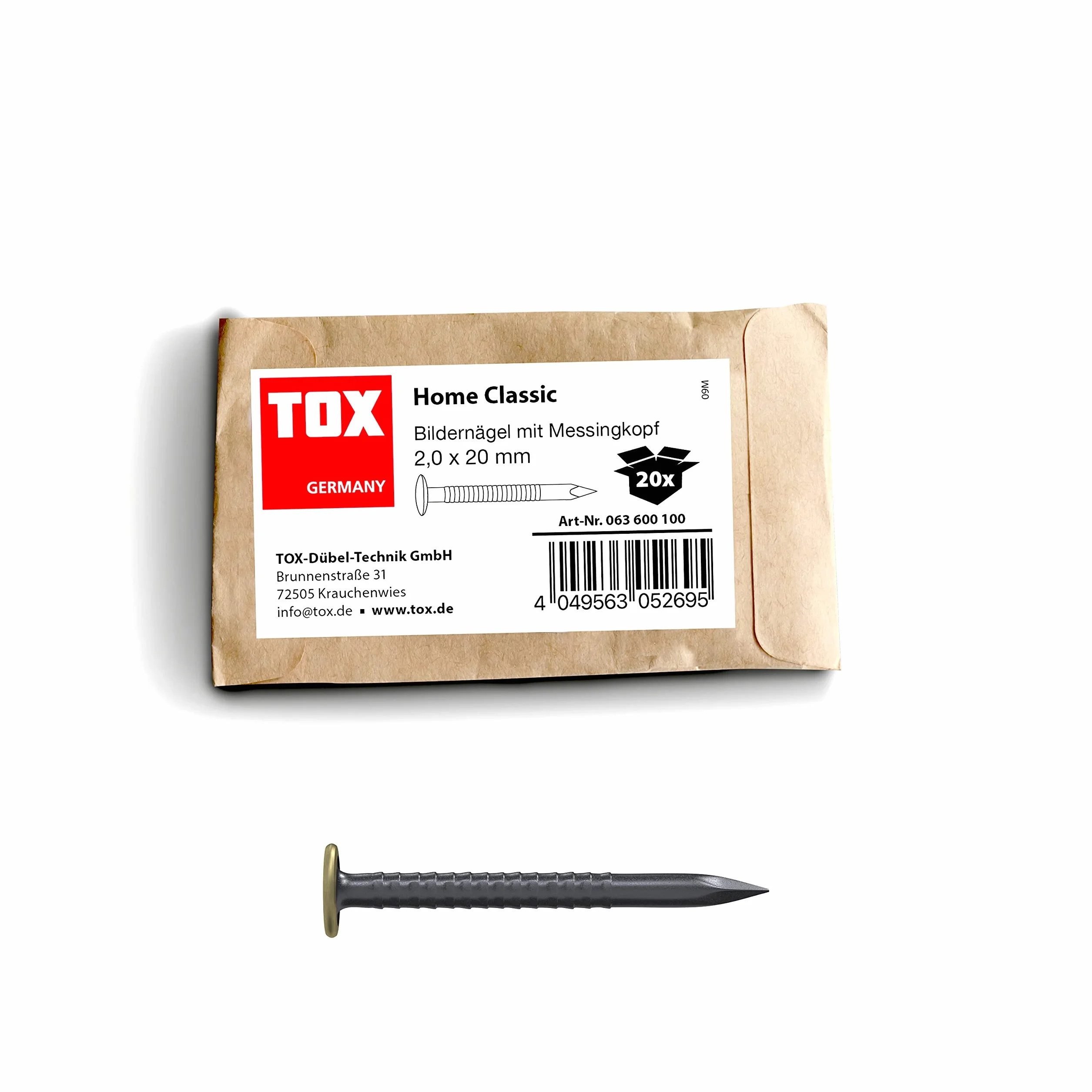TOX Gwoździe do obrazów Home Classic z hartowanej stali z mosiężną główką w opakowaniu papierowym nadającym się do recyklingu, rozmiar 2,0 x 20 mm, stalowe gwoździe do obrazów do prawie wszystkich