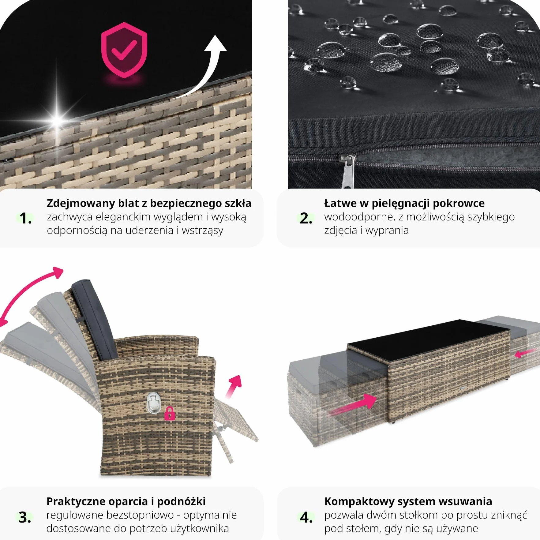 tectake® Zestaw Mebli Ogrodowych Bari, 6-osobowy, Wysokiej Jakości Technorattan UV, Aluminiowa Rama, Regulowane Oparcia, Stolik ze Szkłem Bezpiecznym (Naturalny)