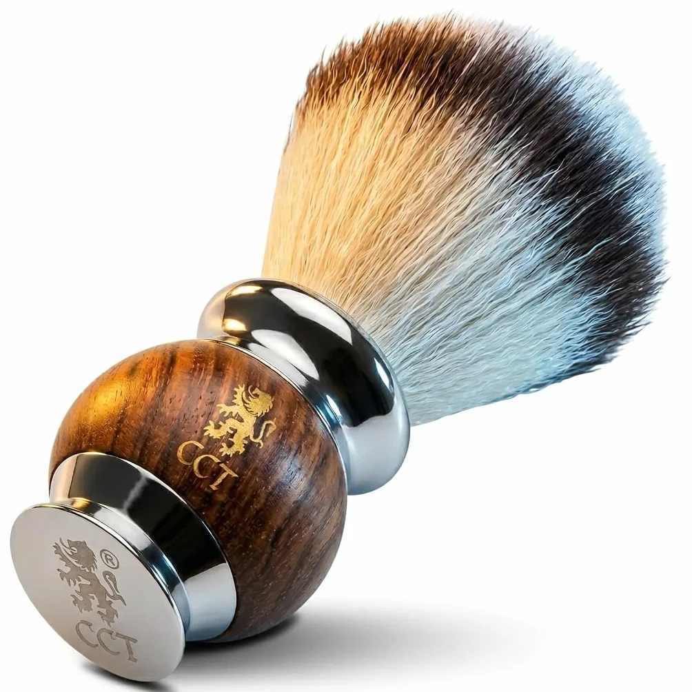 Luksusowy pędzel do golenia The Cambridge Cutthroat® z drewna Missanda i stali nierdzewnej dla mężczyzn, syntetycznym włosiem Silvertip, przyjaznym weganom, imitującym włosie borsuka