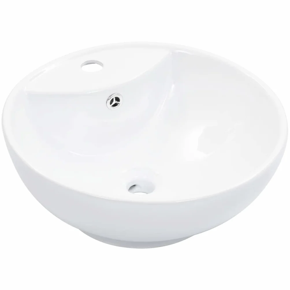 Ceramiczna umywalka nablatowa z przelewem i otworem na kran 46,5 x 18 cm umywalka do łazienki, okrągła, biała, z funkcją odpływu