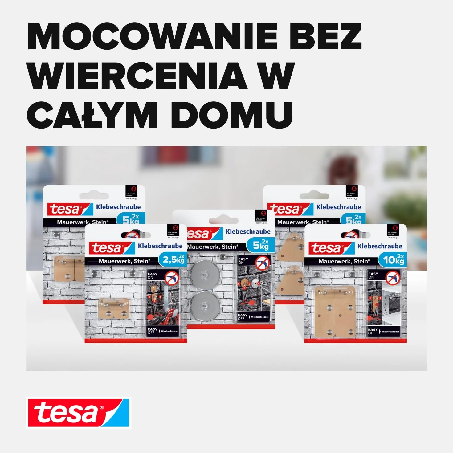 tesa Śruba klejąca do muru i kamienia, moc trzymania 5 kg, czworokątna, 2 sztuki