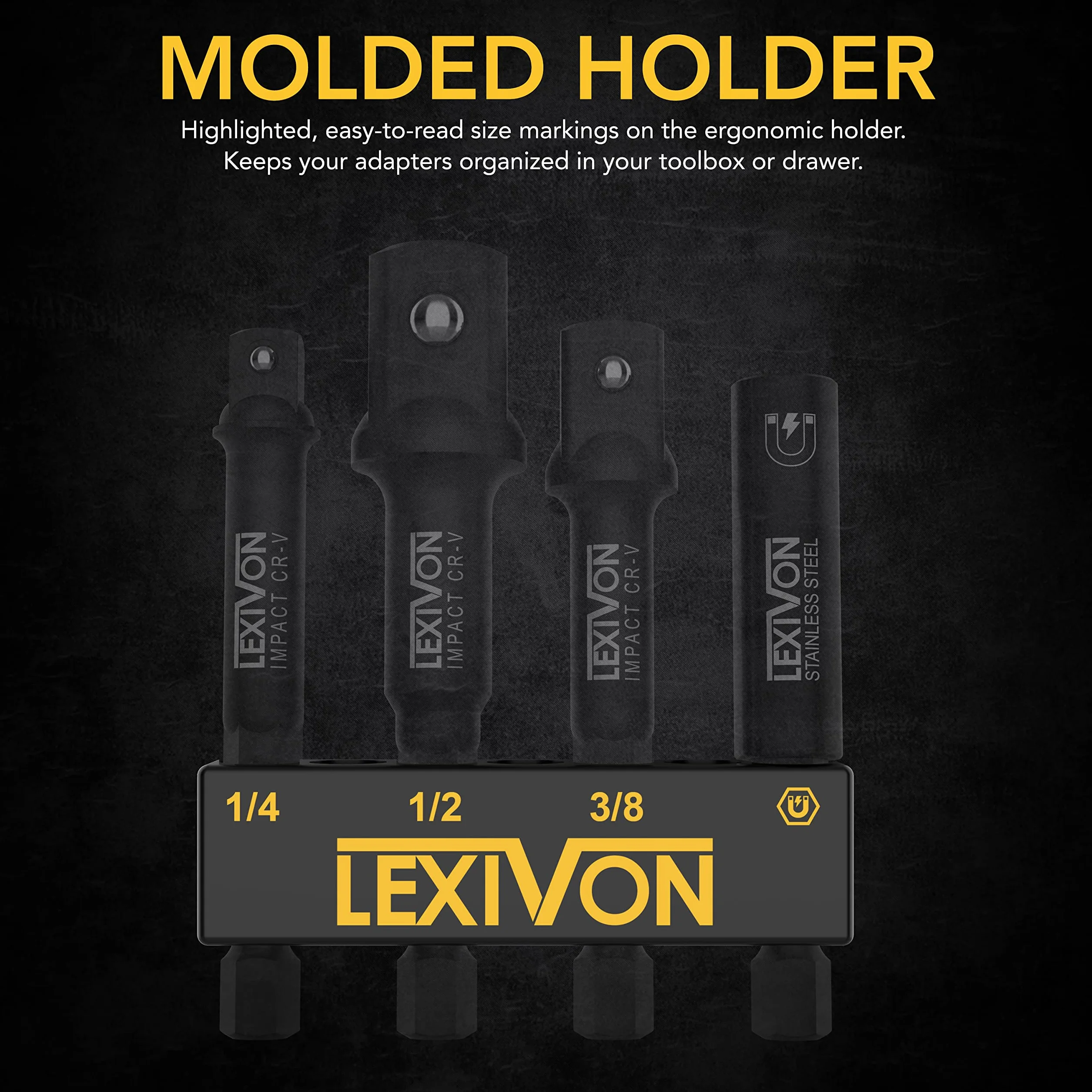 LEXIVON Adapter gniazda udarowego i zestaw magnetycznych uchwytów bitowych | 4 sztuki przedłużek chwytu sześciokątnego 1/4 cala do 1/4 cala, 3/8" i 1/2" | zawiera stojak organizera (LX-104)