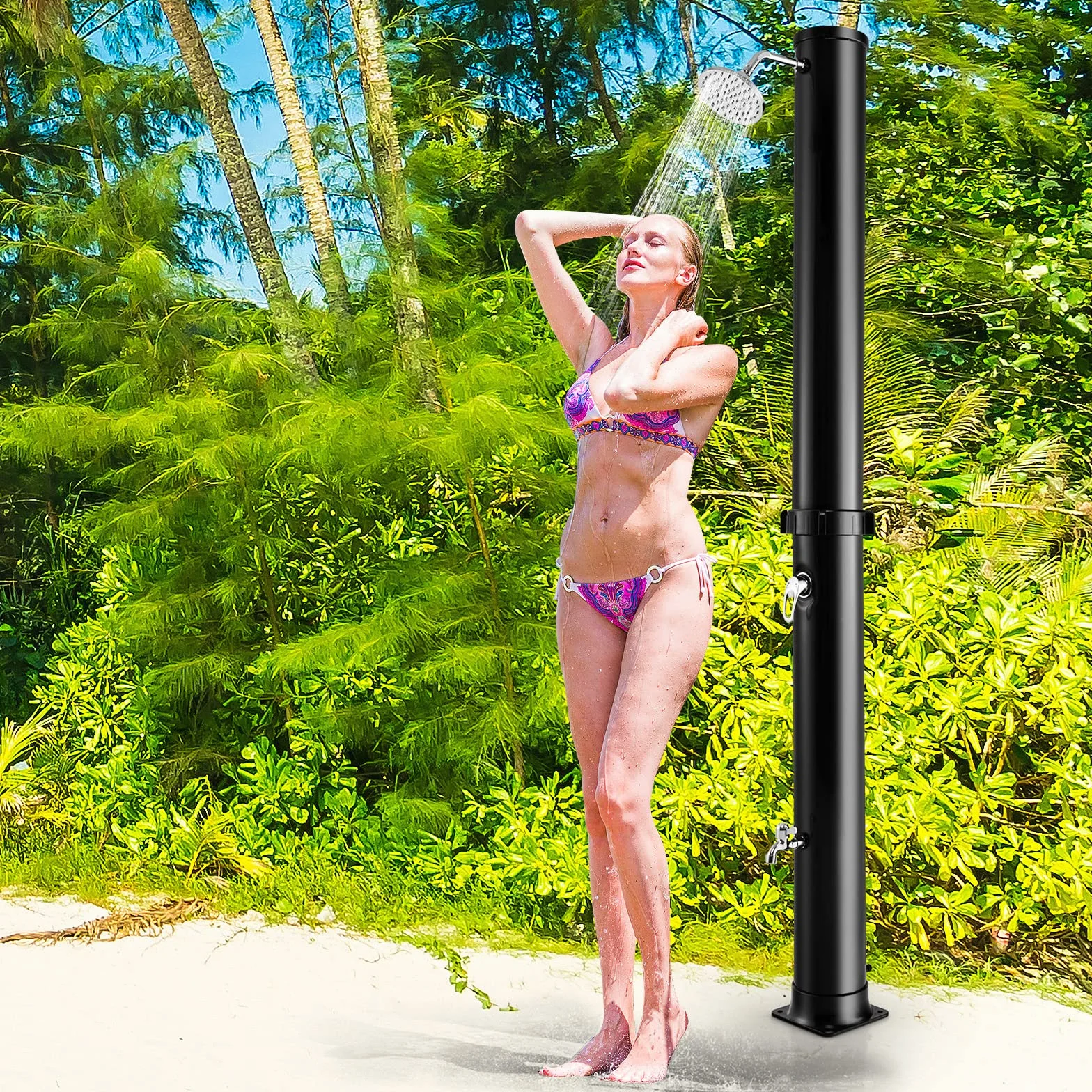 COSTWAY Prysznic solarny 38 l | 217,5 cm | do 60°C | prysznic ogrodowy z obrotową głowicą prysznicową i prysznicem nożnym | w zestawie przyłącze węża ogrodowego | prysznic zewnętrzny do basenu, na