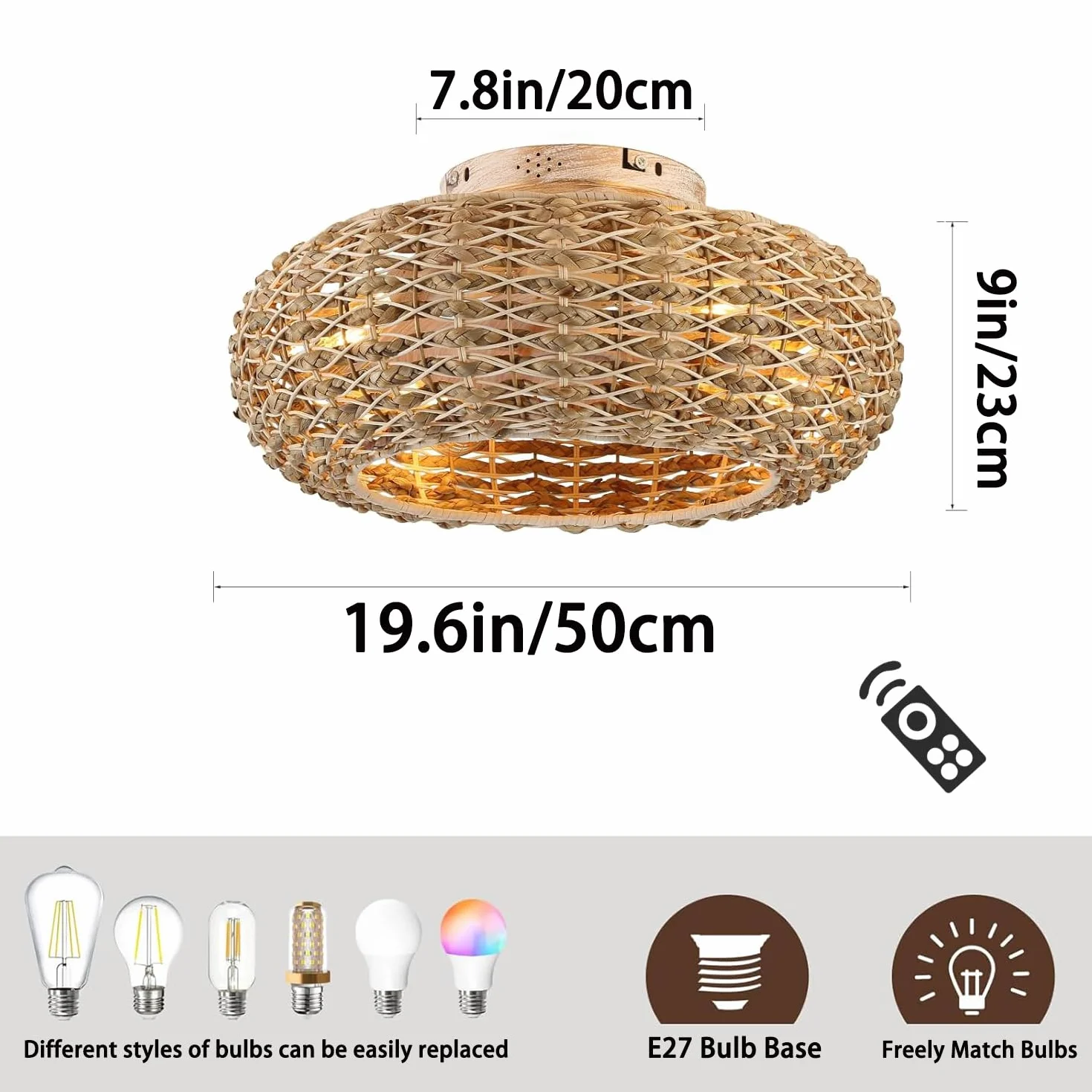 Wentylatory sufitowy z cichą lampą E27, Retro wentylator z pilotem i aplikacją, żyrandol klatka z naturalnego rattanu, tkana lampa do salonu, sypialni, jadalni, kuchni