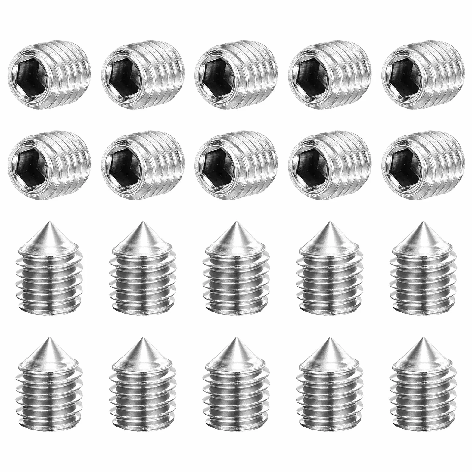 QUARKZMAN Zestaw 20 śrub M6 x 8 mm 304 stal szlachetna końcówka stożkowa z łbem sześciokątnym śruby do maszyn, napraw domu i elementów mocujących, srebrne