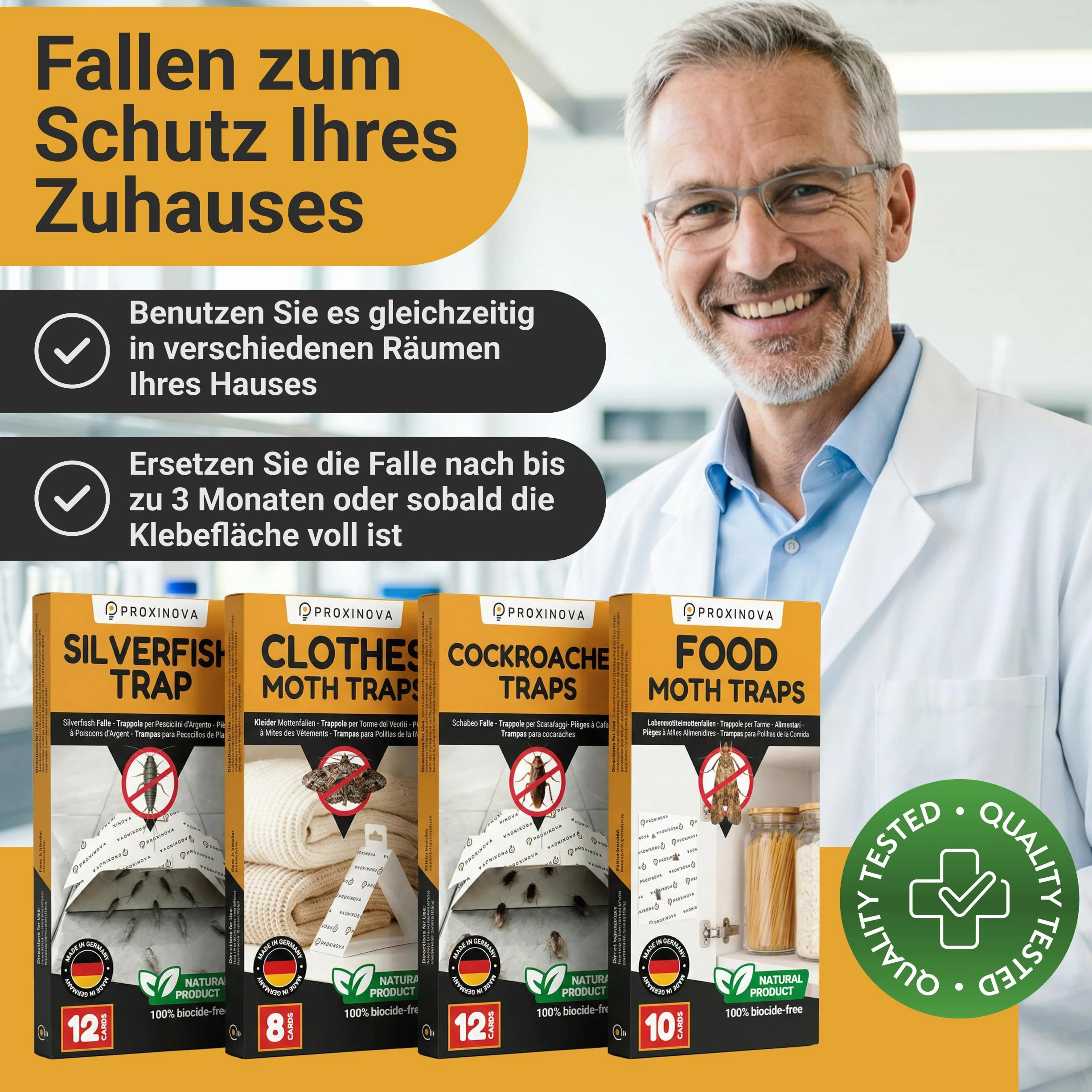 Pułapki na mole spożywcze – łapie mole i feromony owady pokarm dla dyskretnej kuchni, nietoksyczna do 3 miesięcy - Biocide Free - 12 kart - Made in Germany