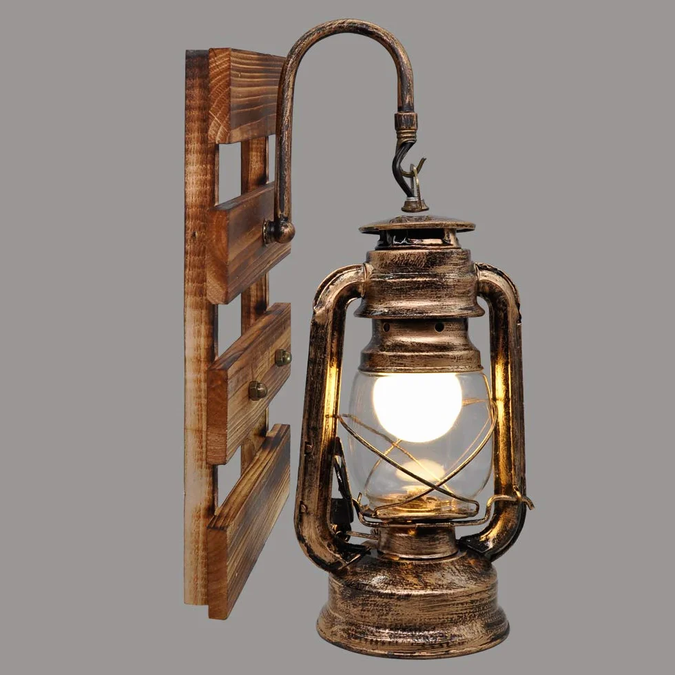 rustykalna nafta lampa montowana na ścianie, E27 hak wisząca lampa ścienna z drewnianą podstawą, wewnątrz bar kawa restauracja korytarz dekoracje kinkiety
