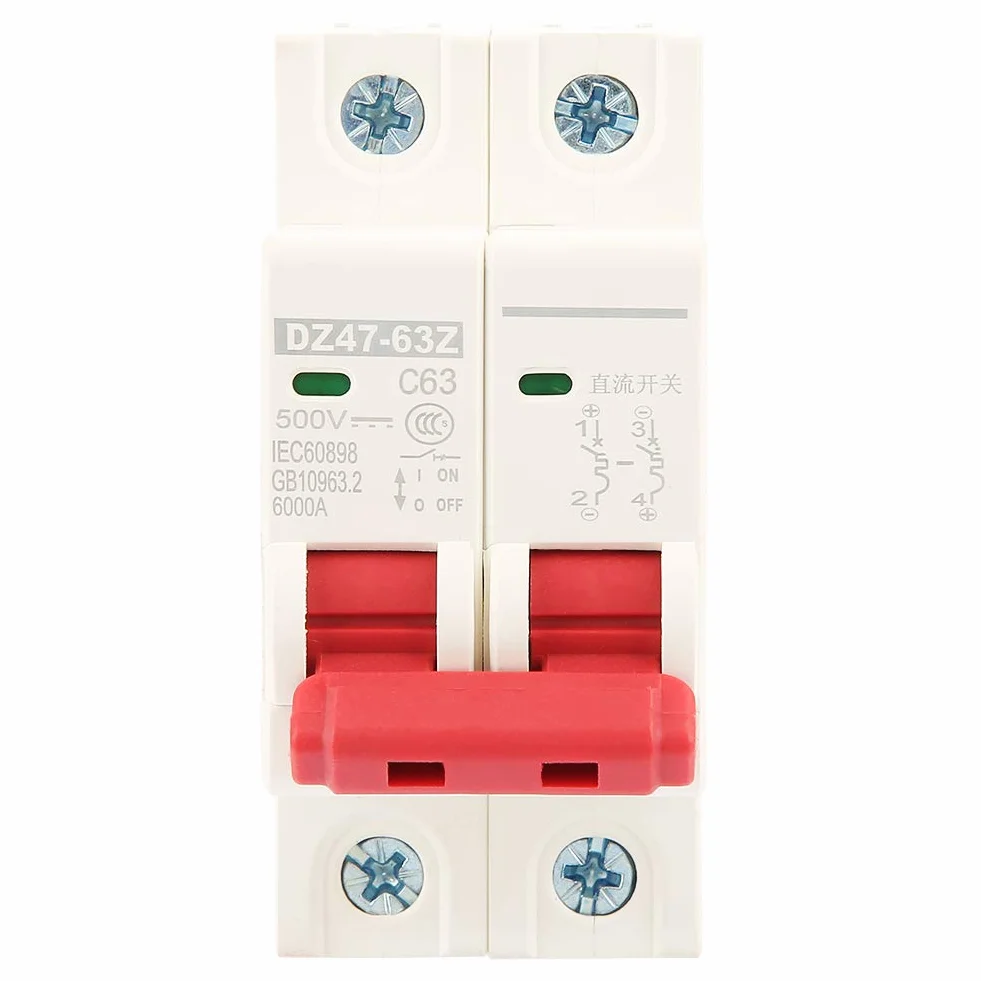 Wyłącznik Prądu Stałego, Jednofazowy Licznik Energii 2P DC 500 V 63A Miniprzełącznik Automatyczny MCB Wyłącznik Bezpieczeństwa DZ47-63Z-2P
