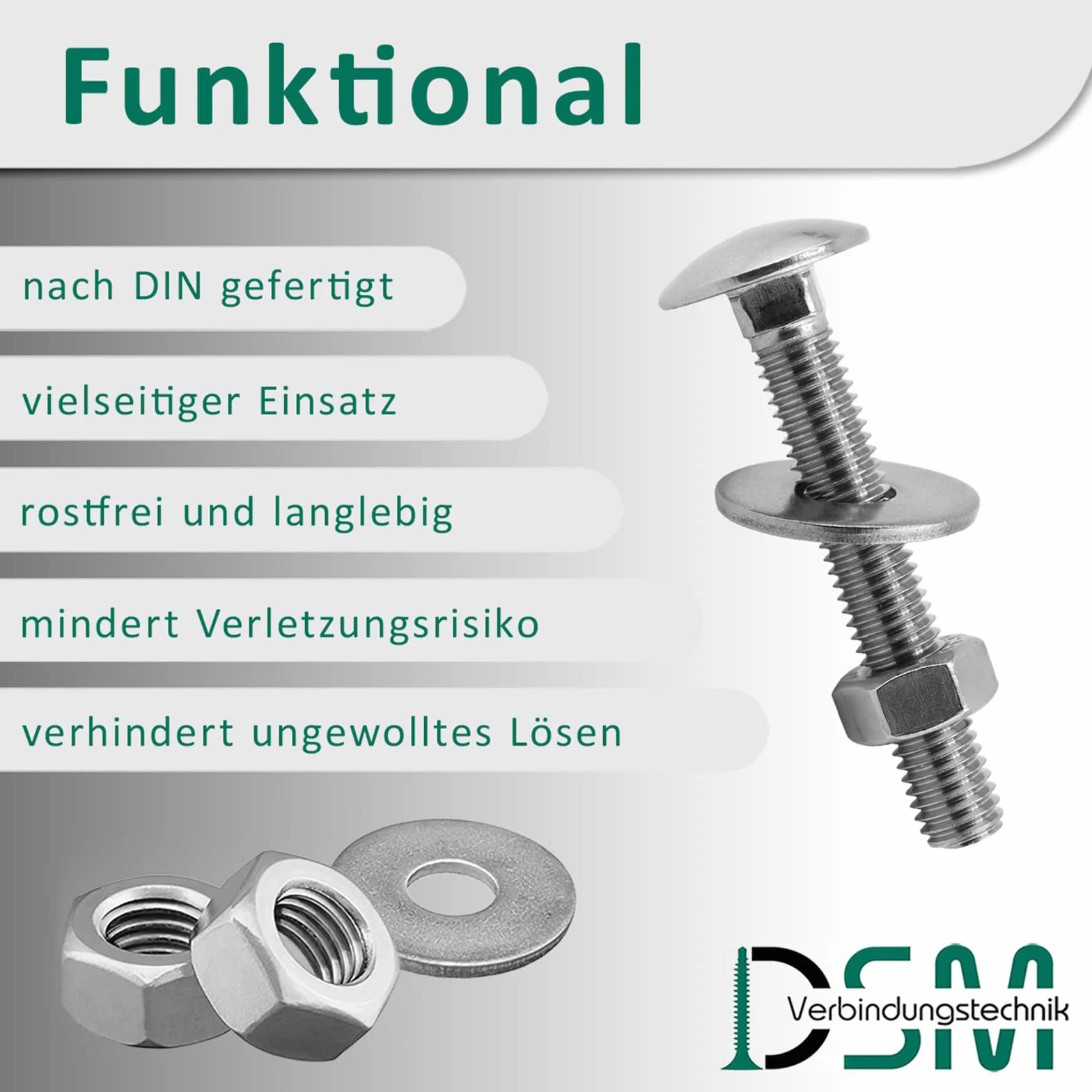 DSM ? Śruby zamkowe M12 x 80 mm zgodnie z DIN 603 ? w zestawie nakrętka sześciokątna M12 DIN 934 i podkładka DIN 9021 ? Stal nierdzewna A2/V2A ? Śruby z łbem płaskim z nasadką czworokątną ? 5 sztuk