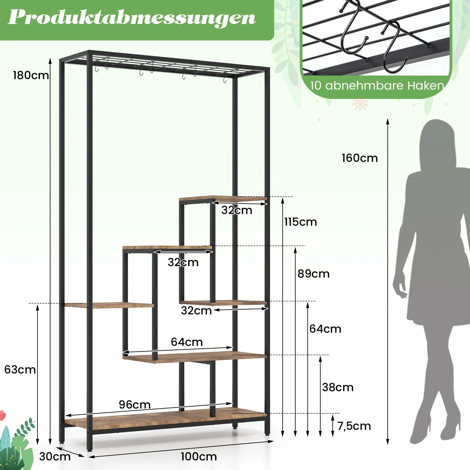 GOPLUS 6-piętrowy stojak na rośliny z wiszącym regałem i 10 hakami 100 x 30 x 180 cm