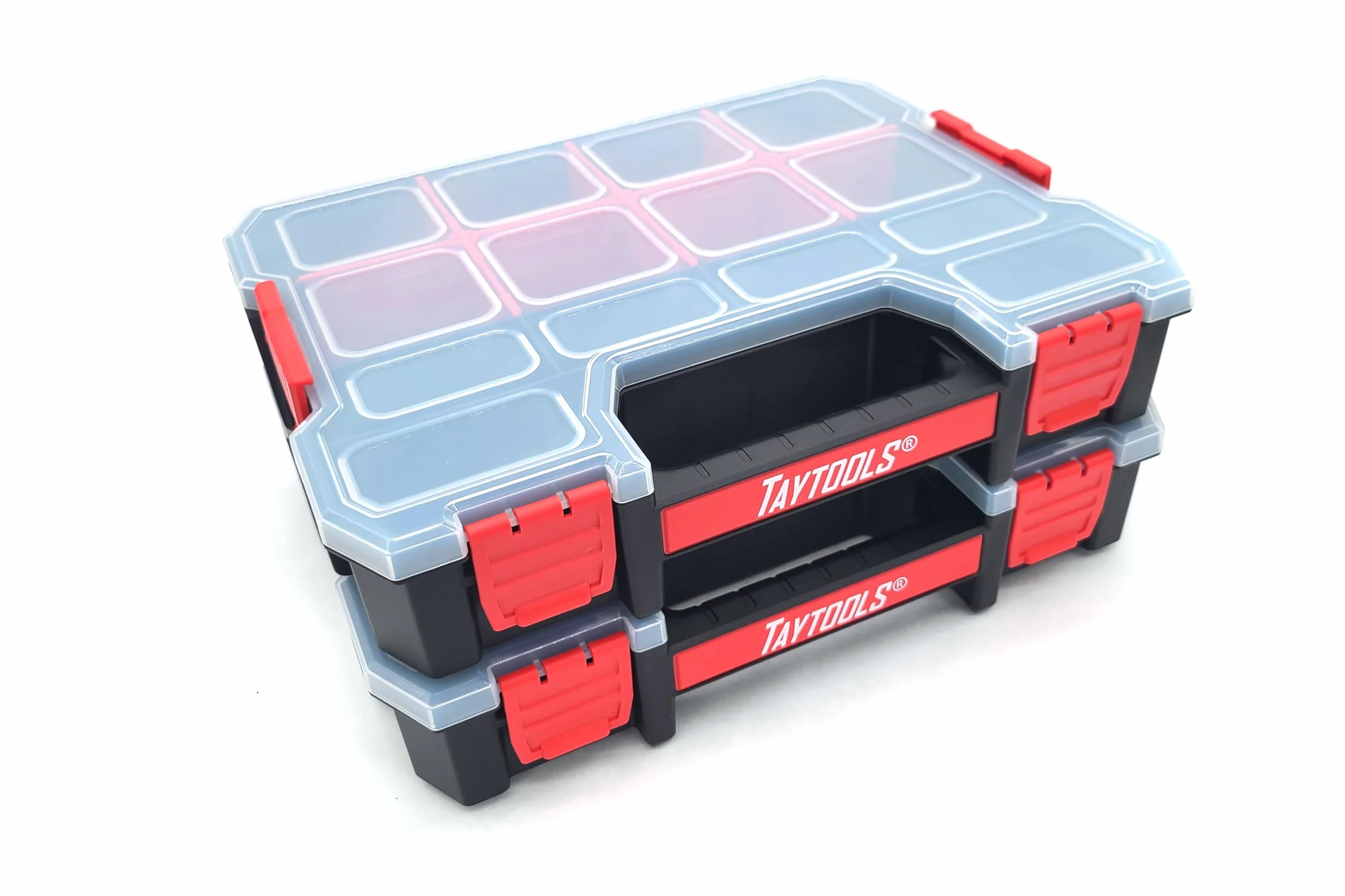 Taytools Organizer na małe części, z podwójnym zatrzaskiem, przenośna skrzynka narzędziowa z wyjmowanymi przegrodami do przechowywania sprzętu, śrub, śrub, gwoździ, koralików lub biżuterii, 2 sztuki