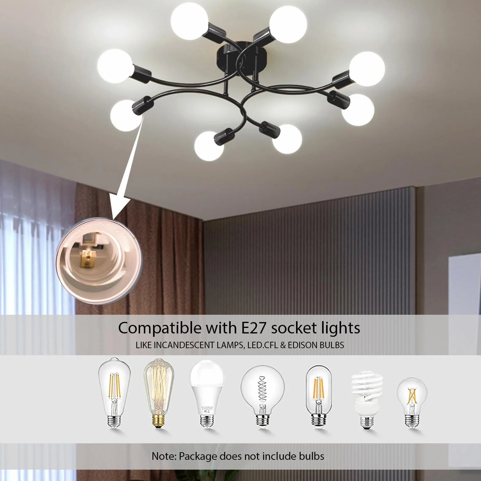 Żyrandol przemysłowy,8 płomieni lampa sufitowa Vintage Sputnik，E27 czarny Przemysłowy Lampa sufitowa for Living Room, Kitchen, Bedroom, Dining Room 85CM（żarówka nie jest dołączona）