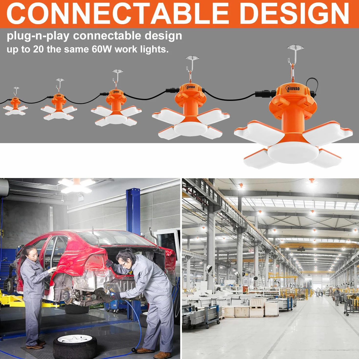 Tymczasowa lampa robocza LED, 60 W, 9000 lm, 5000 K, super jasne światła budowlane, 4 regulowane panele świetlne, światło robocze LED IP67, wodoszczelne, z haczykiem, przenośne