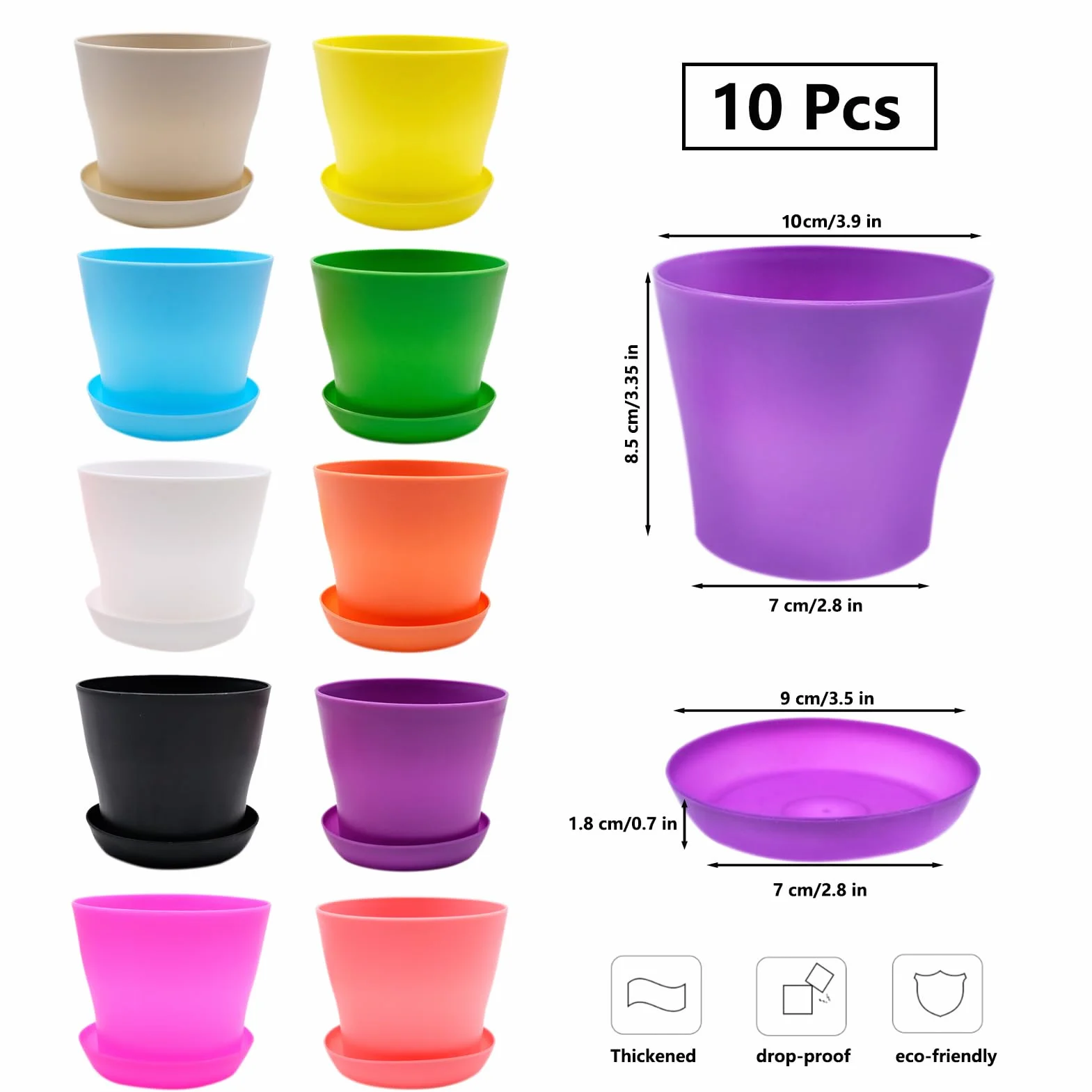 10 małych doniczek z podstawką, 10 cm, plastikowe, dekoracyjne doniczki na rośliny, kolorowe, mini doniczki z tworzywa sztucznego, zestaw małych doniczek do użytku wewnątrz i na balkon
