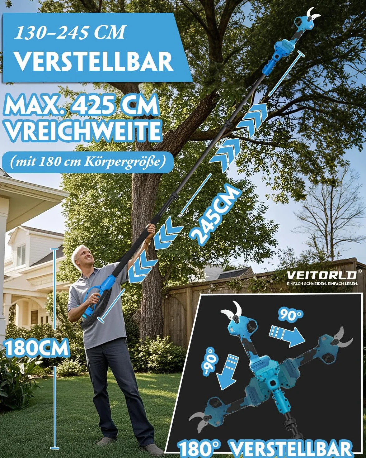 Veitorld Teleskopowe nożyce do gałęzi akumulator 40 mm sekator 130-245 cm 2 x 2000 mAh