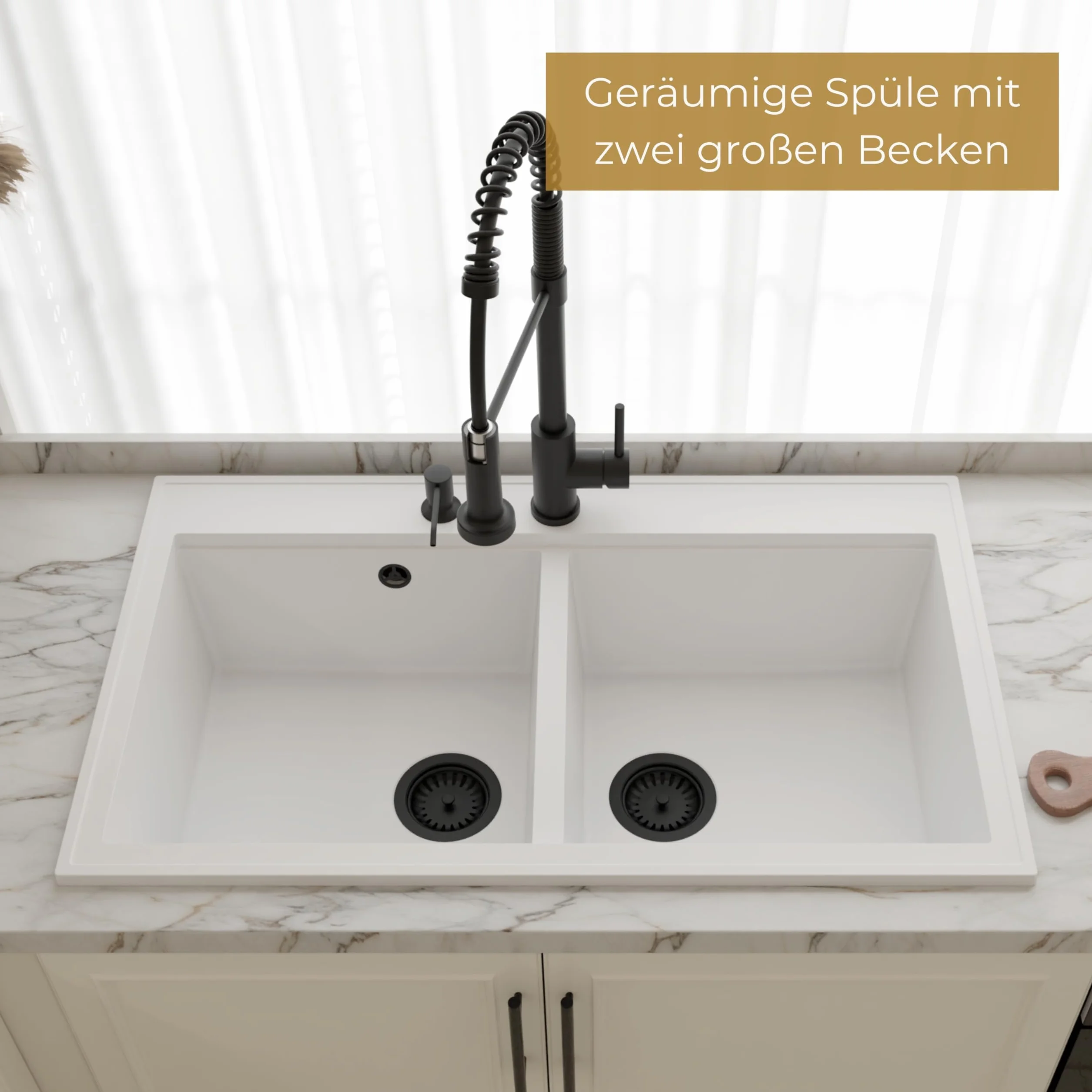 SINK QUALITY podwójny zlew szary z armaturą, zlewozmywak granitowy podwójny 86 x 50 cm, podwójny zlew z syfonem i substancją impregnującą, 2 umywalki zlewozmywak kuchenny od szafki pod umywalkę 85