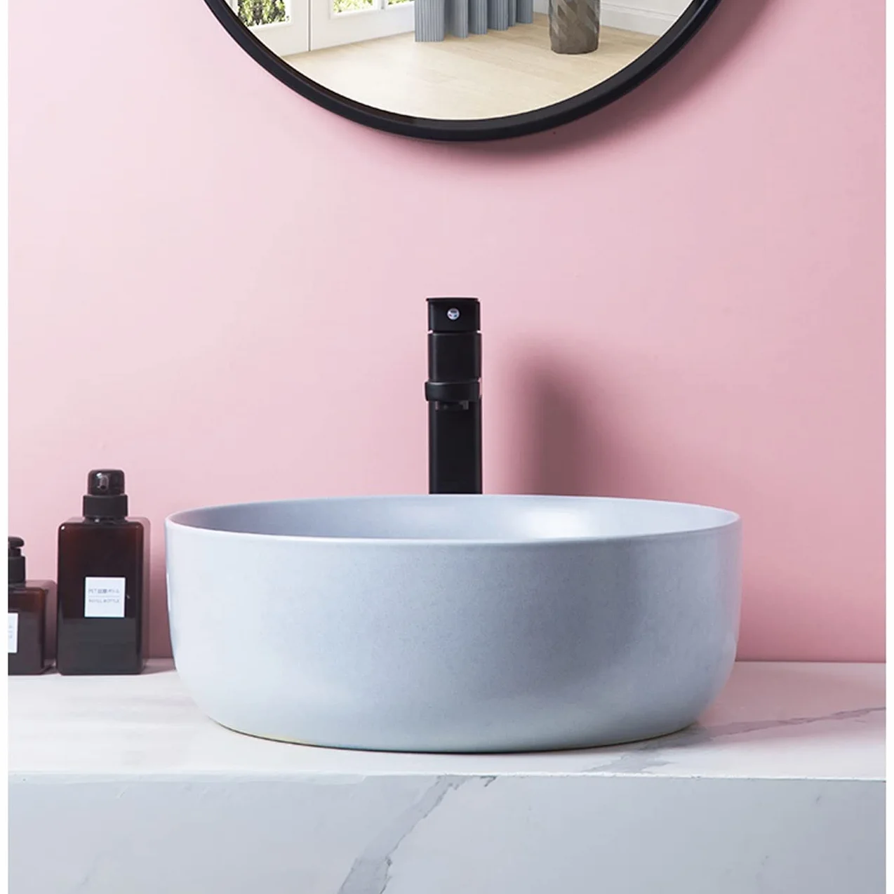 Umywalka Łazienkowa Nablatowa, Okrągła Porcelanowa Umywalka Artystyczna Z Czarnym Kranem I Odpływem, Ceramiczna Umywalka Nablatowa Do Łazienki W Barze