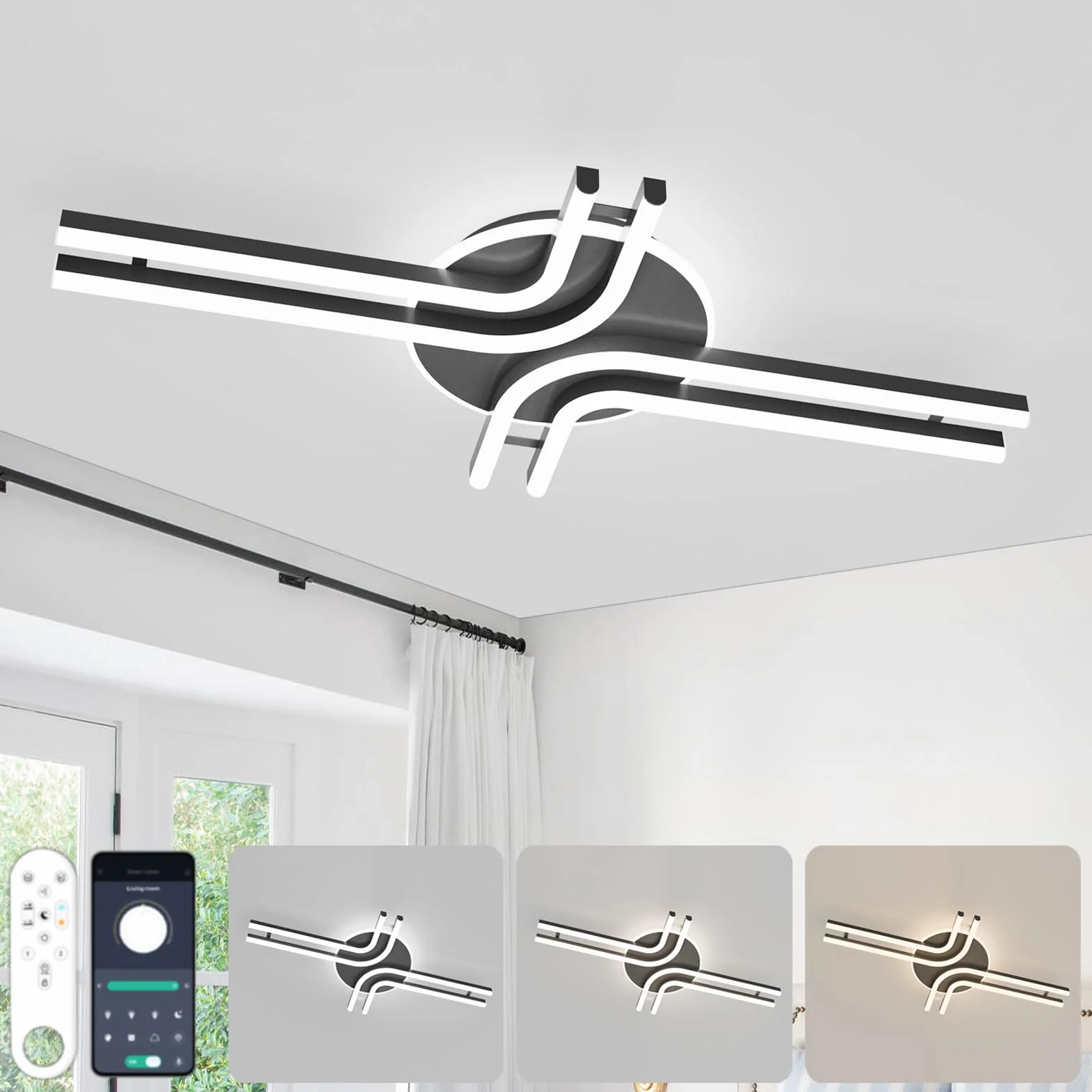 LED Ściemnialna Lampa sufitowa, 32W 3200lm Nowoczesna Ściemnialna Lampa sufitowa Z pilotem, 70cm Lampy sufitowe do salonu Sypialni Kuchni Korytarza Oświetlenie Oprawa, Czarny A
