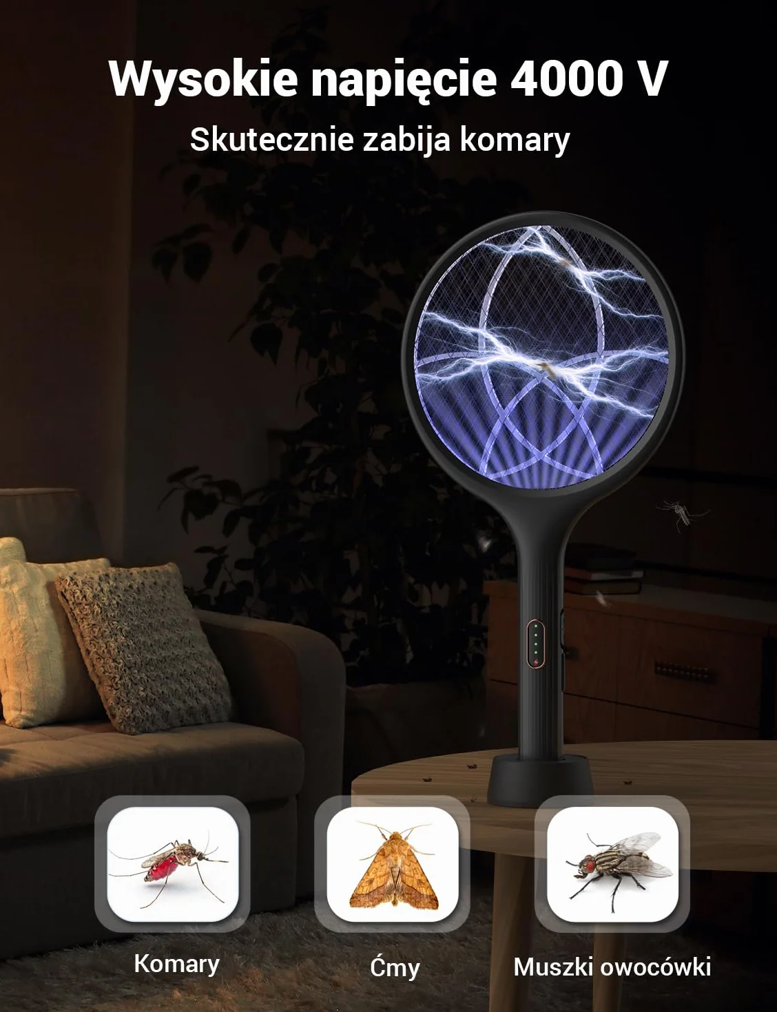 YISSVIC Elektryczna łapka na komary 4000 V 2 w 1 USB C Akumulatorowa UV Czarny 2 szt.