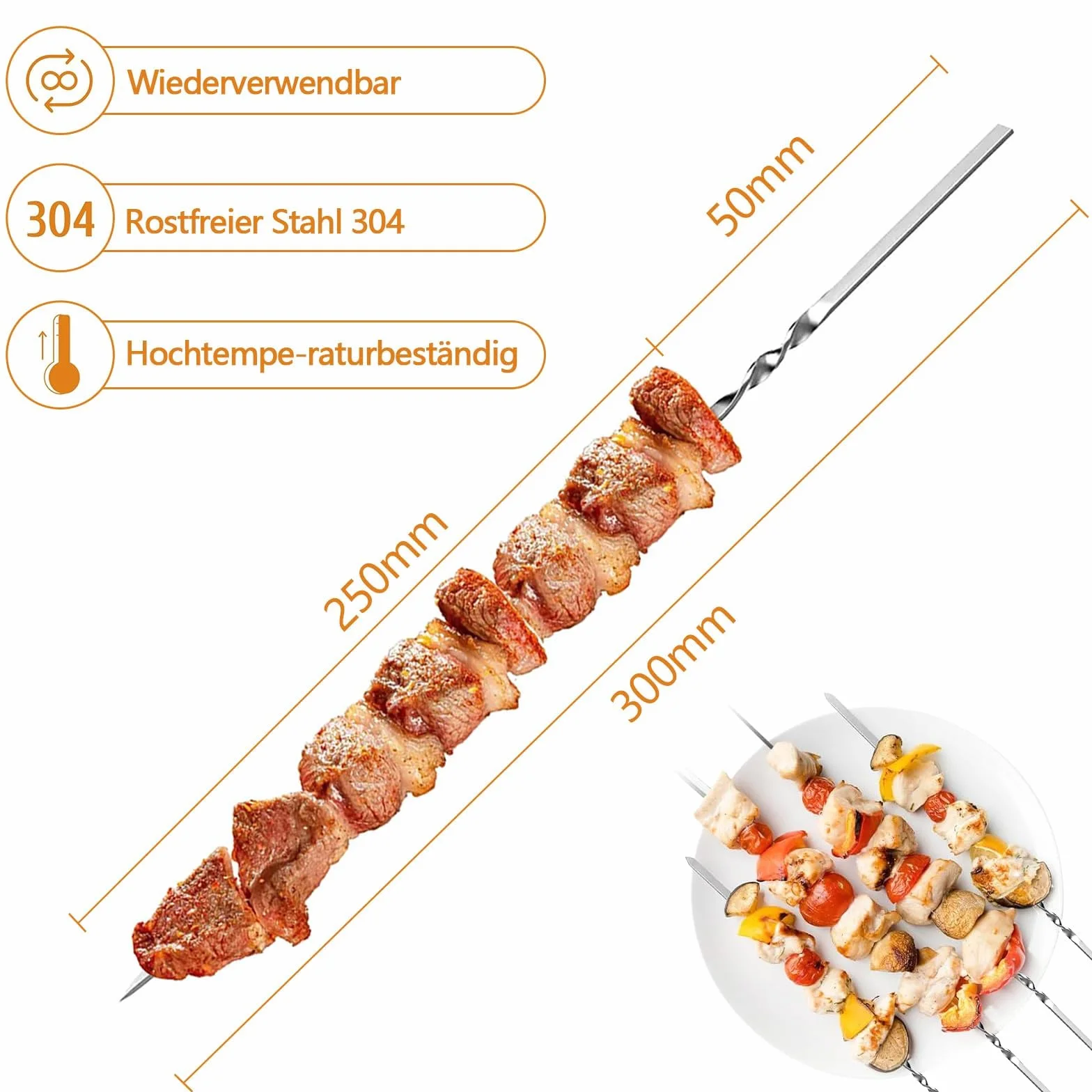 50 sztuk nierdzewnych płaskich szpikulców do grillowania, 30 cm długości, zestaw do grilla mięsa, szaszłyków i warzyw