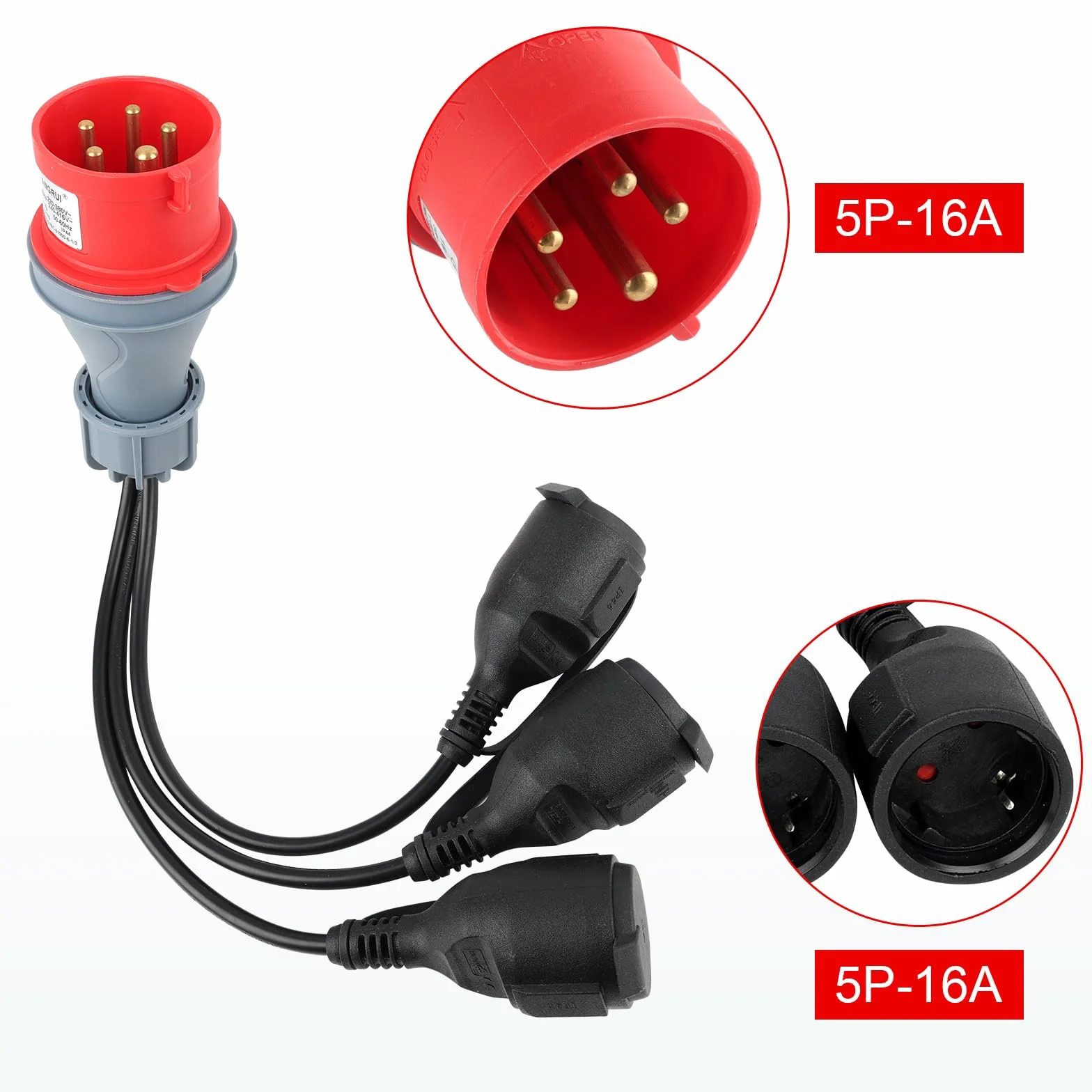 CEE Adapter rozdzielacz prądu 400 V, 16 A, wtyczka na 3 x 230 V, przedłużacz, kabel przedłużający, kempingowy przewód adaptera CEE z pokrywą na zawiasach i wtyczką z zestykiem ochronnym