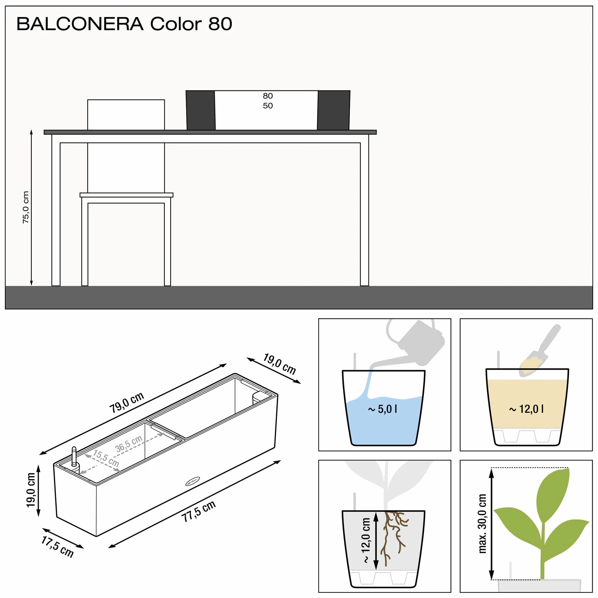 Lechuza Donica Balconera Kolor 80 Łupkowy Szary System Nawadniania