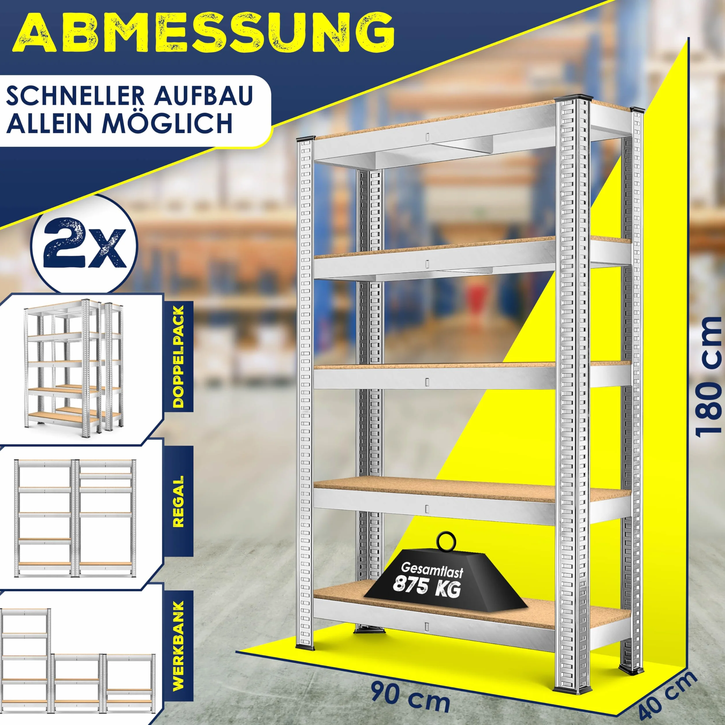 MASKO® Zestaw 2 regałów magazynowych do dużych obciążeń, regały piwniczne, nośność do 875 kg, 5 regulowanych półek, płyty MDF Regały metalowe, regały bez śrub, regały warsztatowe, piwnica, garaż