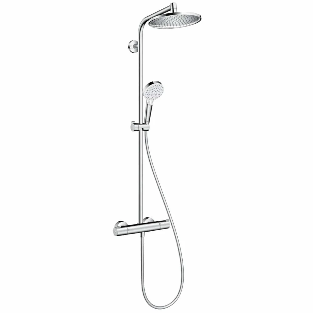 hansgrohe Crometta S - oszczędzający wodę komplet prysznicowy (EcoSmart) z termostatem, zestaw prysznicowy z główką prysznicowa, wąż, szyna i deszczownica okrągła (⌀ 240 mm), chrom, 27268000
