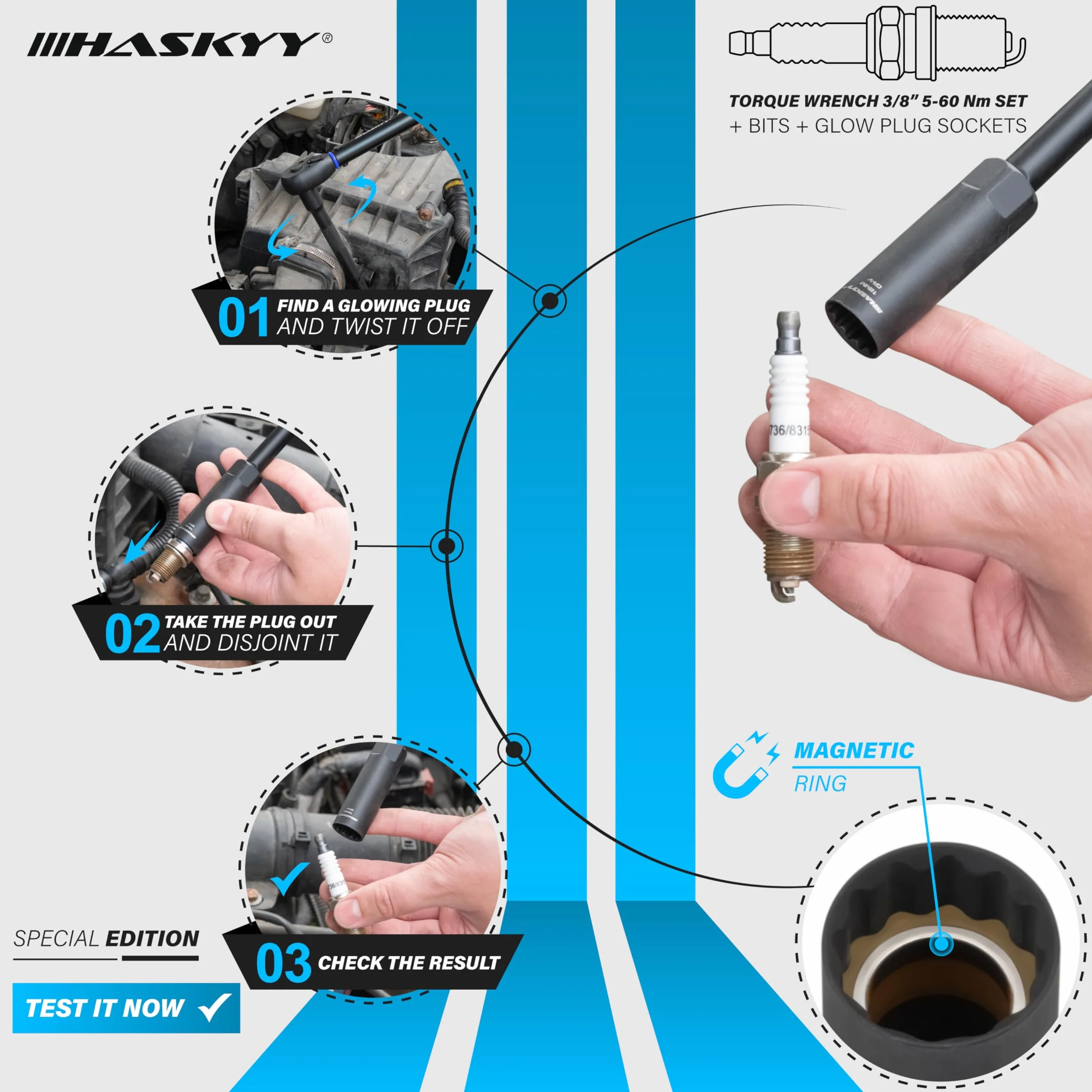 HASKYY Zestaw kluczy dynamometrycznych 3/8" 5-60 Nm do motocykla, drążek przedłużający, bity, nasadki do nakrętek, adaptery - narzędzia serwisowe