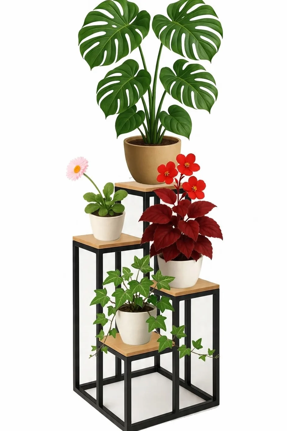POKKA Kwietnik Stojący Metalowy, Stal Malowana Proszkowo z MDF, Czarny/Dąb, 4-Poziomowy, 69,5 x 34 x 34 cm, Obciążenie 15 kg na Półkę