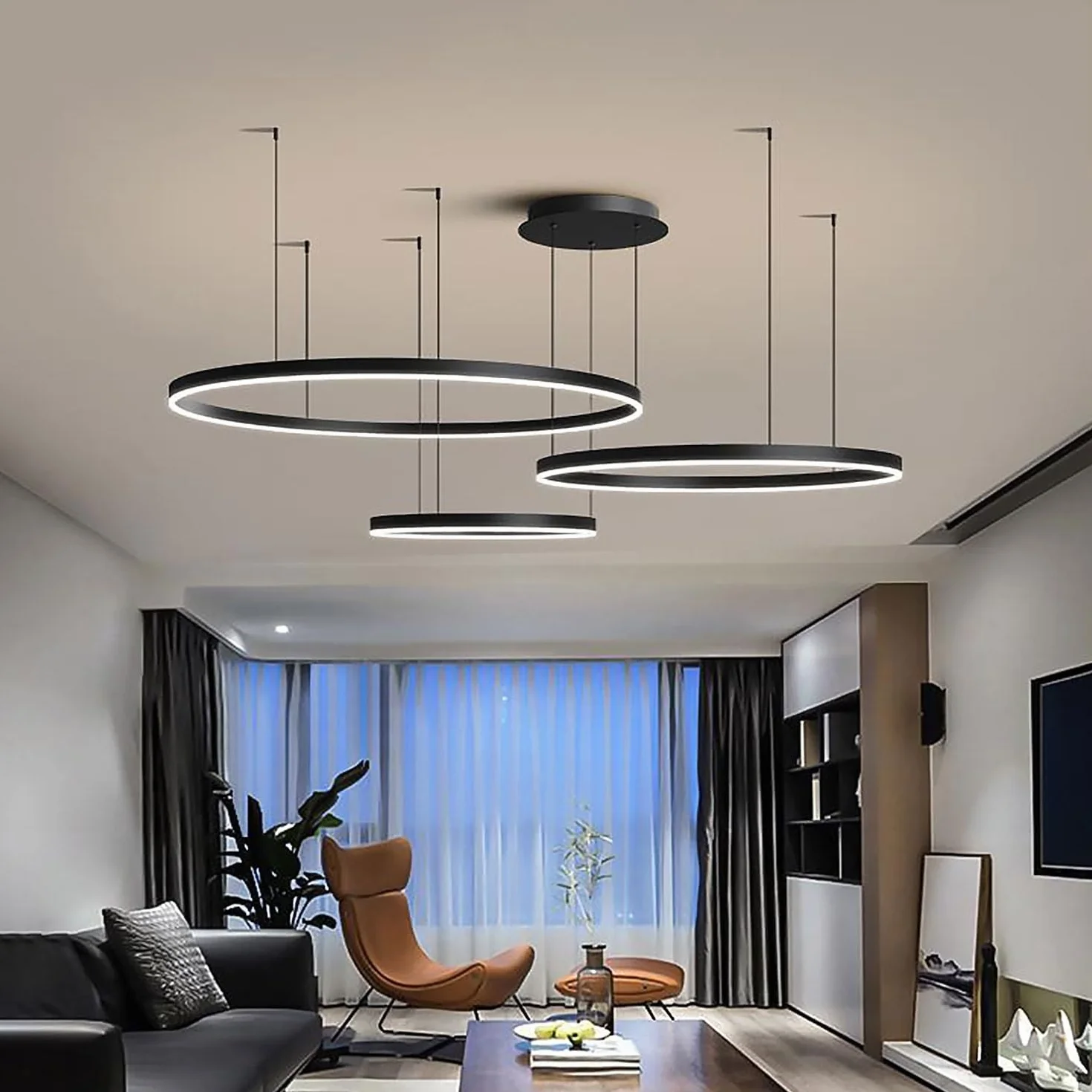 Lampy Wiszace Nowoczesna Restauracja LED Zyrandole Pierścień Ze Zdalnym Sterowaniem Ściemnialne Oświetlenie Sypialni Regulowana Wysokość Dla Salonu Kuchnia Lampy Sufitowe (Color : Black 20+40+60cm)