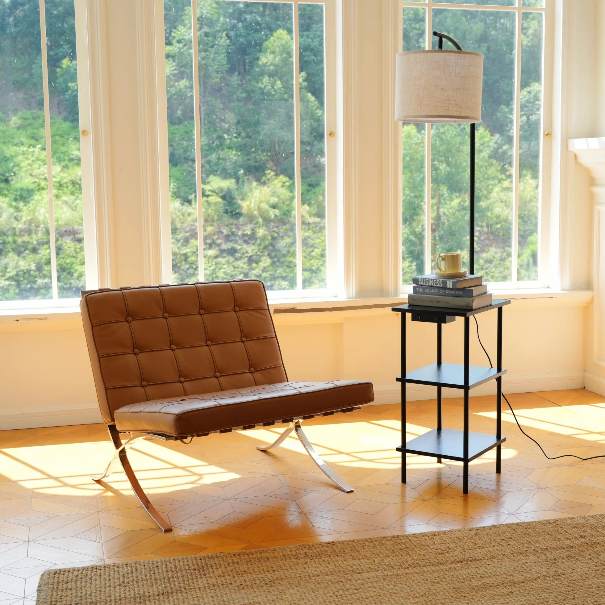 Lampa podłogowa z 3-poziomową półką, porty ładowania USB typu C do salonu, sypialni i biura, bez żarówki