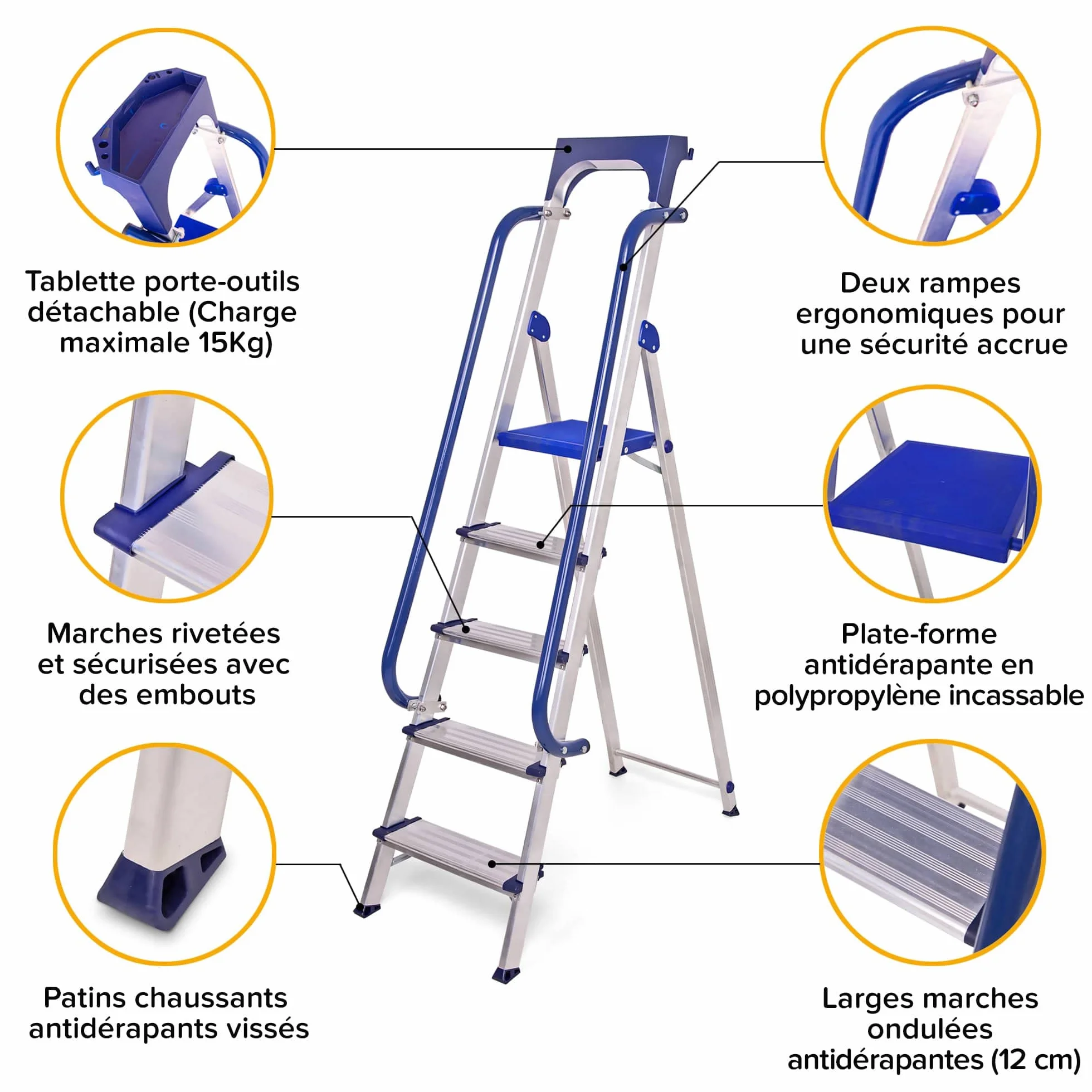 5-stopniowa drabina Secure Pro, wzmocnione aluminium, zabezpieczona poręczami, półka z uchwytem narzędziowym, wysokość platformy 112cm, obciążenie 150kg Hostrom