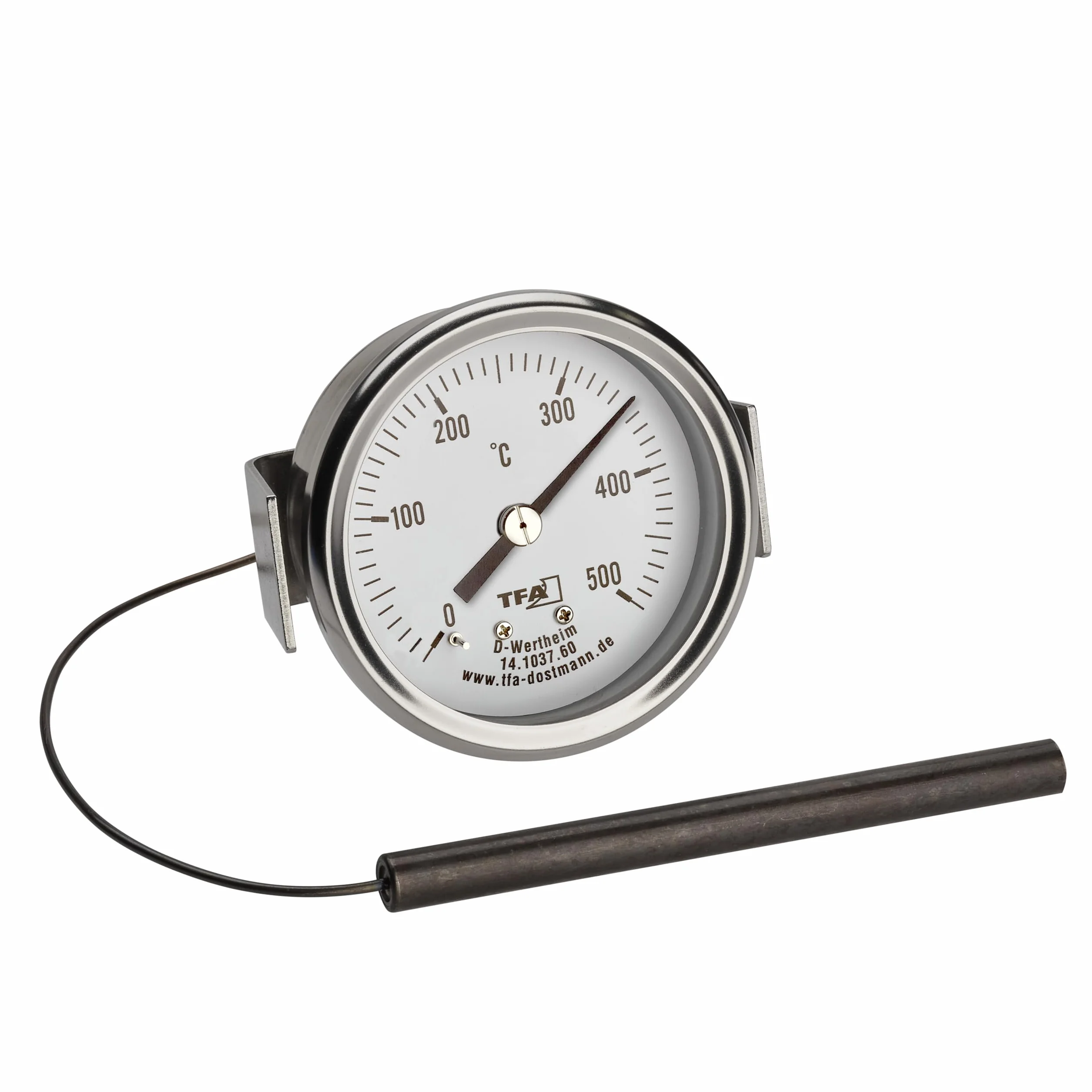 TFA Dostmann Analogowy termometr ze stali nierdzewnej do 500°C, 14.1037, nadaje się do pieca do pizzy, pieca kamiennego, pieca na drewno lub grilla/wędzarni, z czujnikiem kabla, częścią zamienną lub