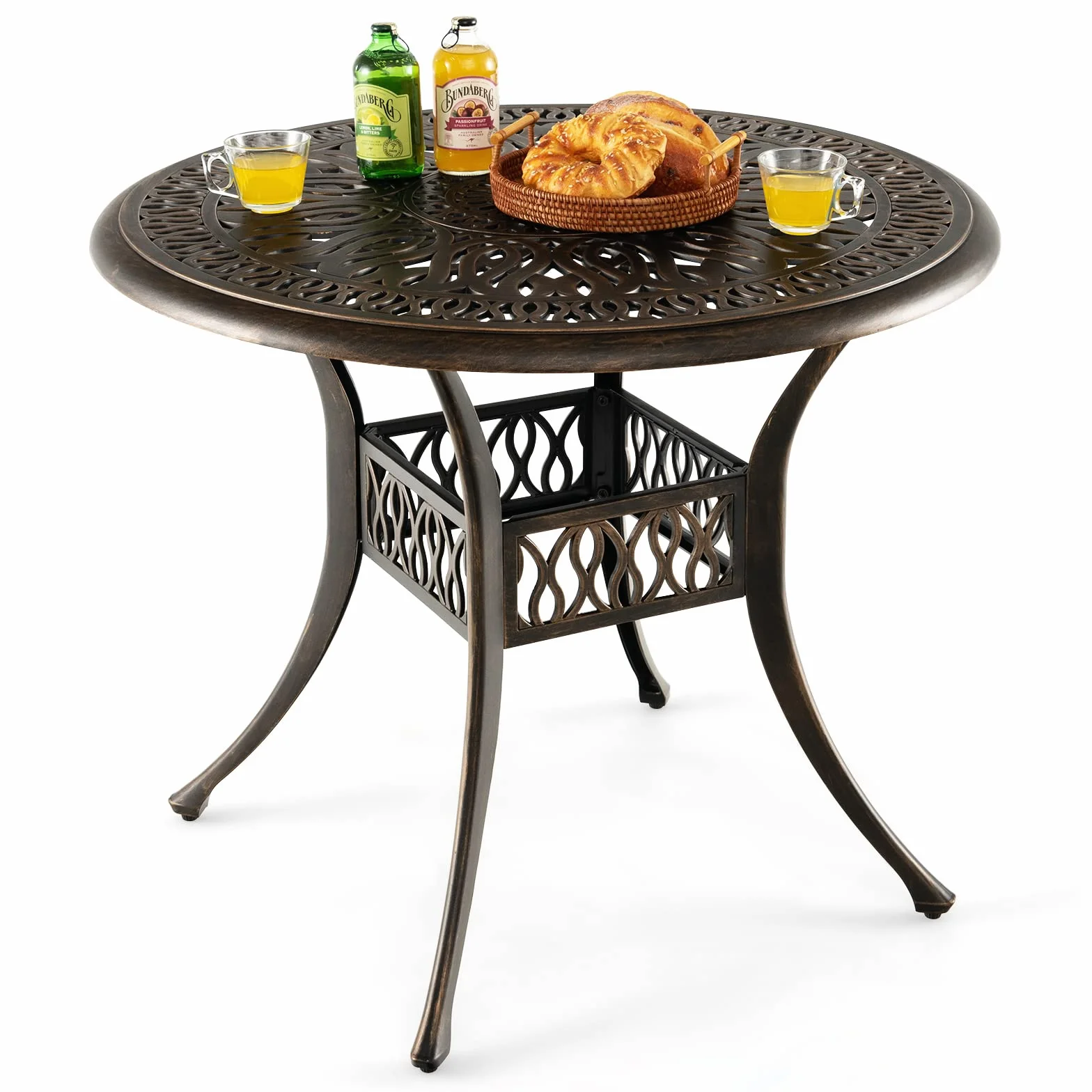 COSTWAY Stół ogrodowy z otworem na parasol, Ø 90 cm, okrągły stół balkonowy z odlewu aluminiowego, odporny na warunki atmosferyczne, stół tarasowy do ogrodu, antyczny wygląd, 90 x 90 x 74 cm