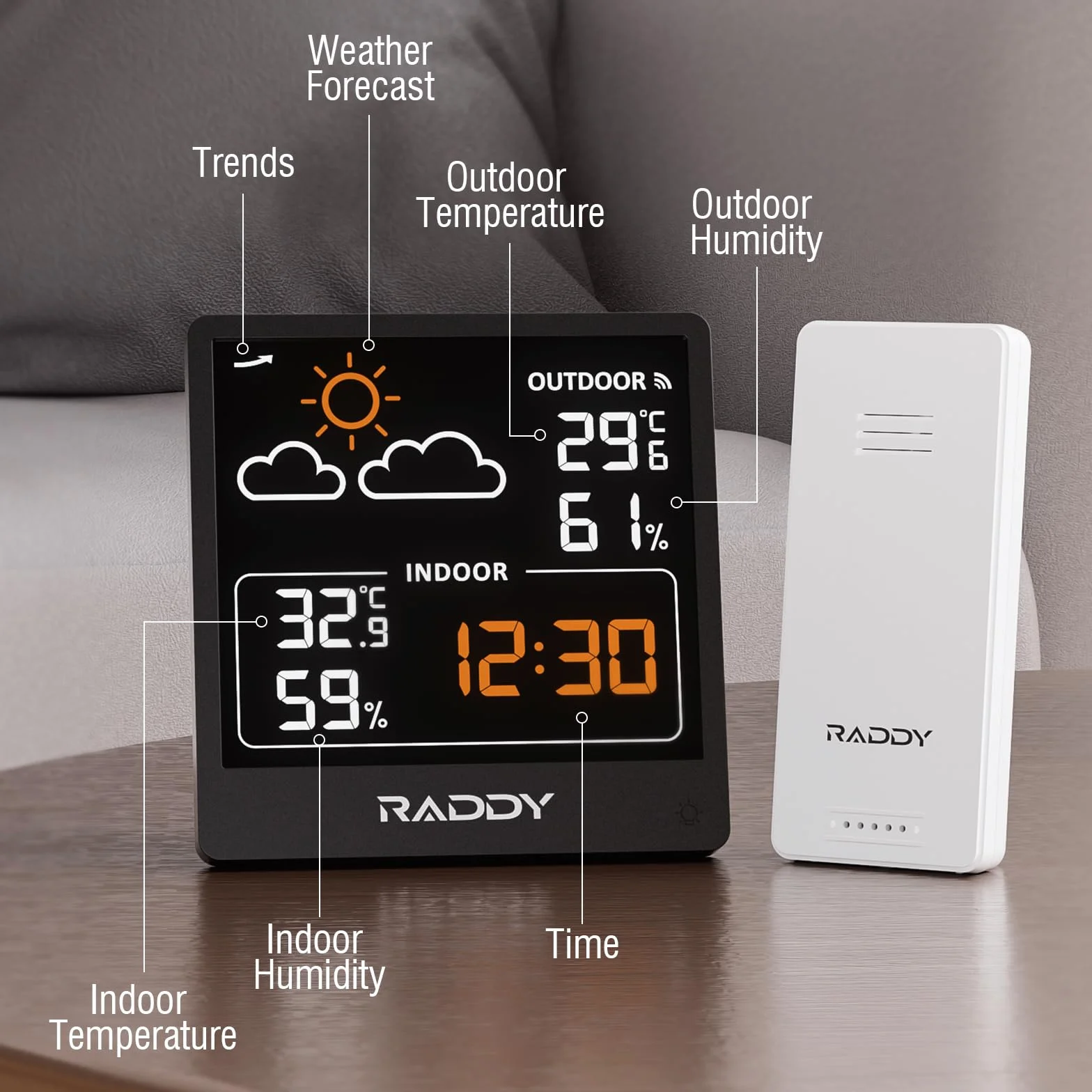 Raddy WF-50V bezprzewodowa stacja pogodowa z czujnikiem zdalnym, termometr wewnętrzny/zewnętrzny, VA 5,0" wyświetlacz USB-C, czarny